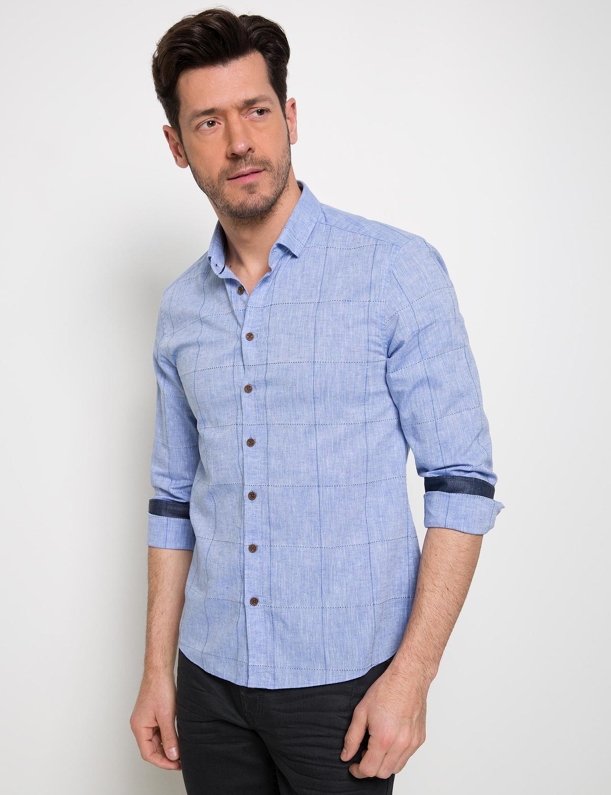 Mavi Slim Fit Keten Karışımlı Gömlek