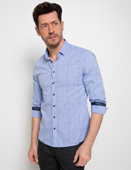 Mavi Slim Fit Keten Karışımlı Gömlek
