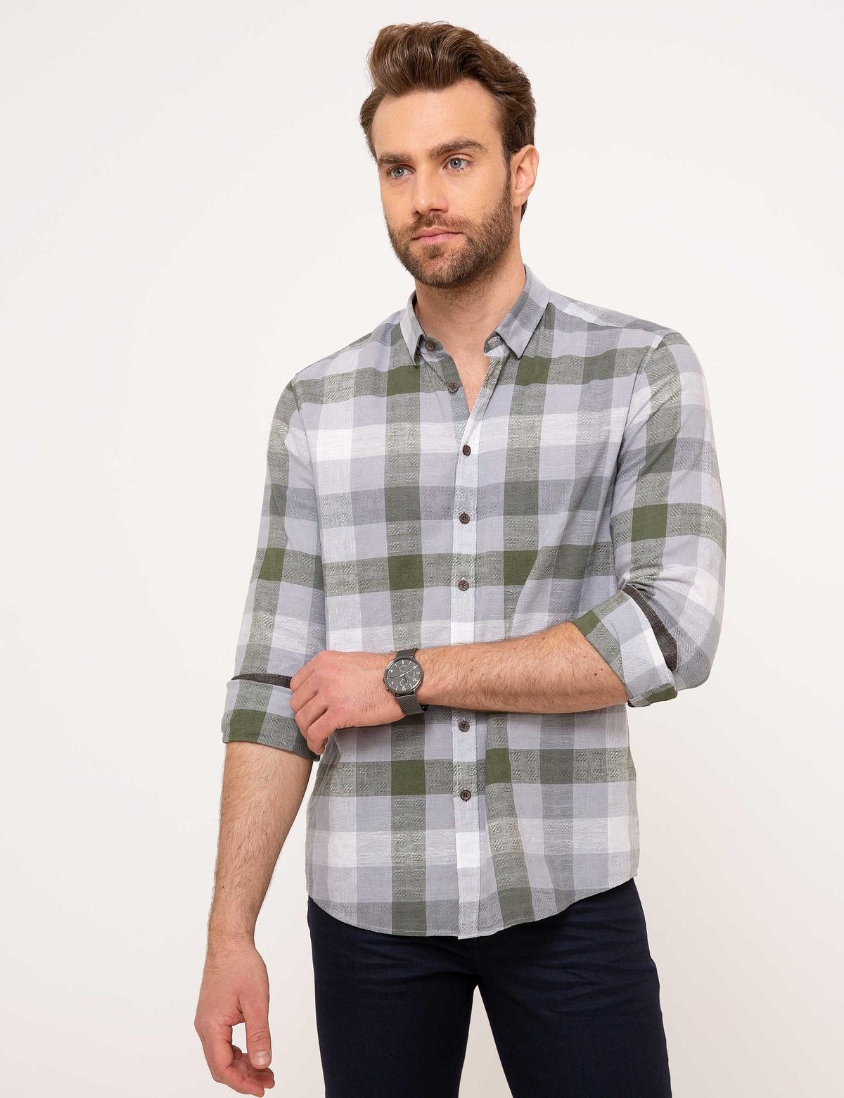 Gri Slim Fit Keten Karışımlı Gömlek