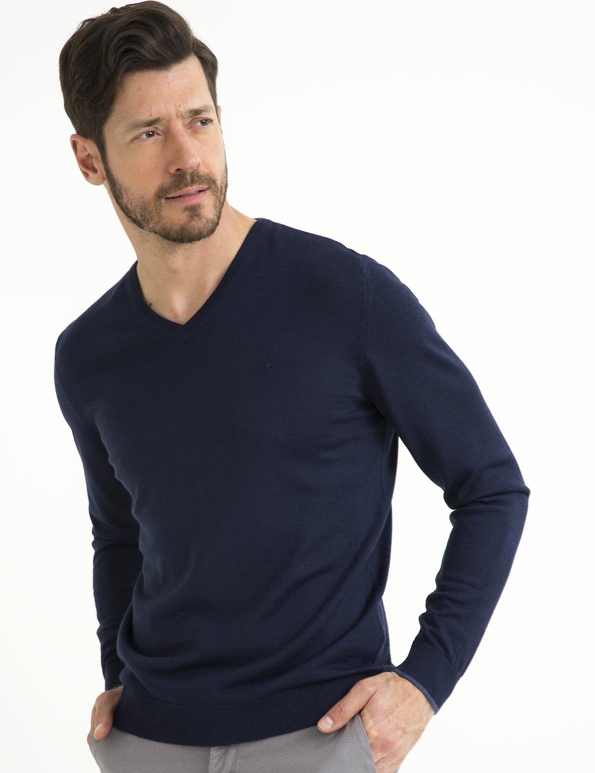 Lacivert Slim Fit Basic Triko Kazak