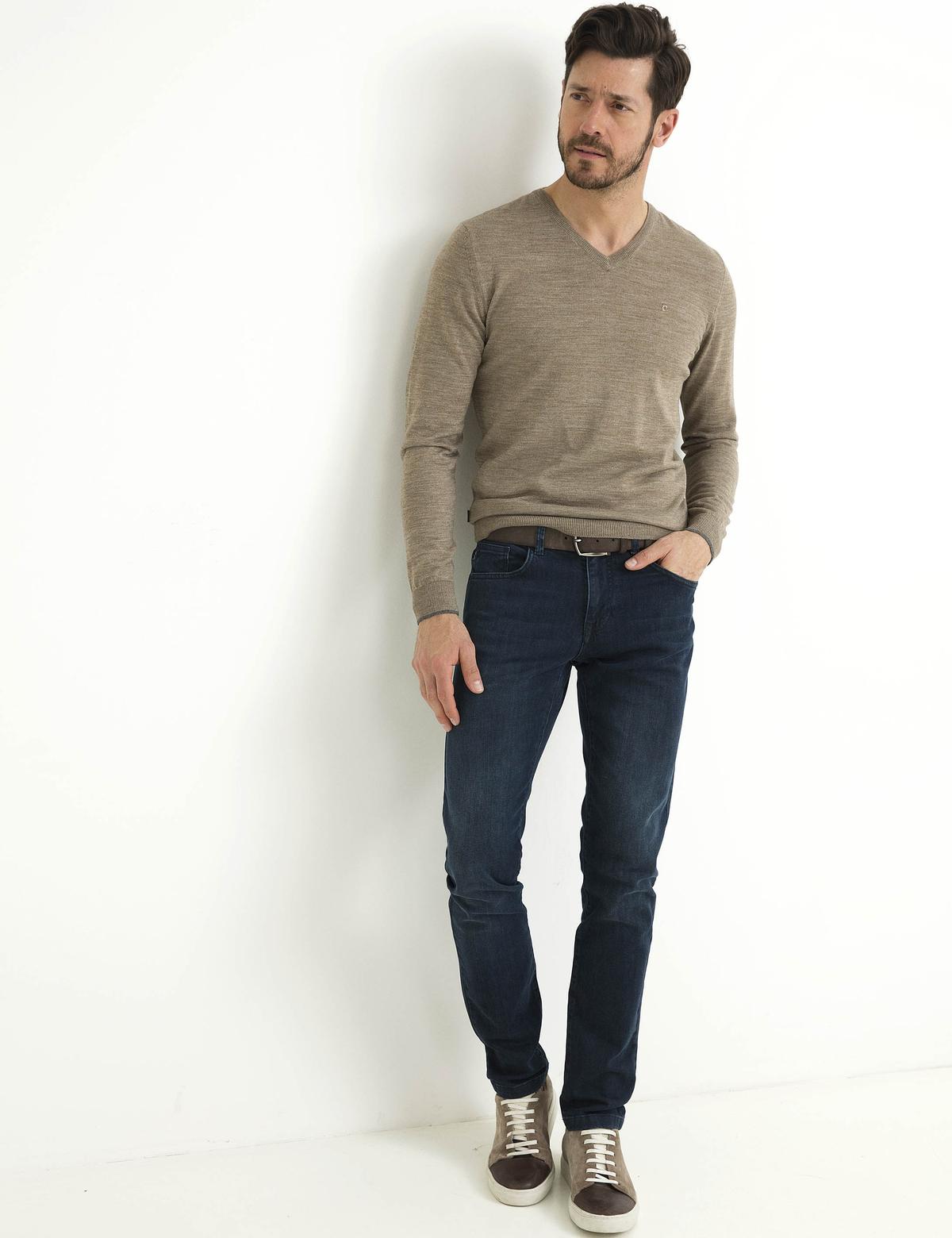 Bej Slim Fit Basic Triko Kazak