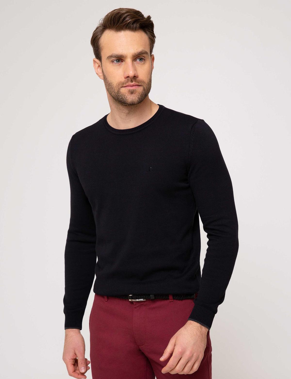 Siyah Slim Fit Bisiklet Yaka Basic Triko Kazak