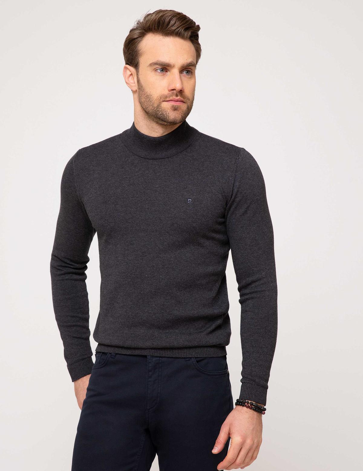 Antrasit Melanj Slim Fit Yarım Balıkçı Yaka Basic Triko Kazak