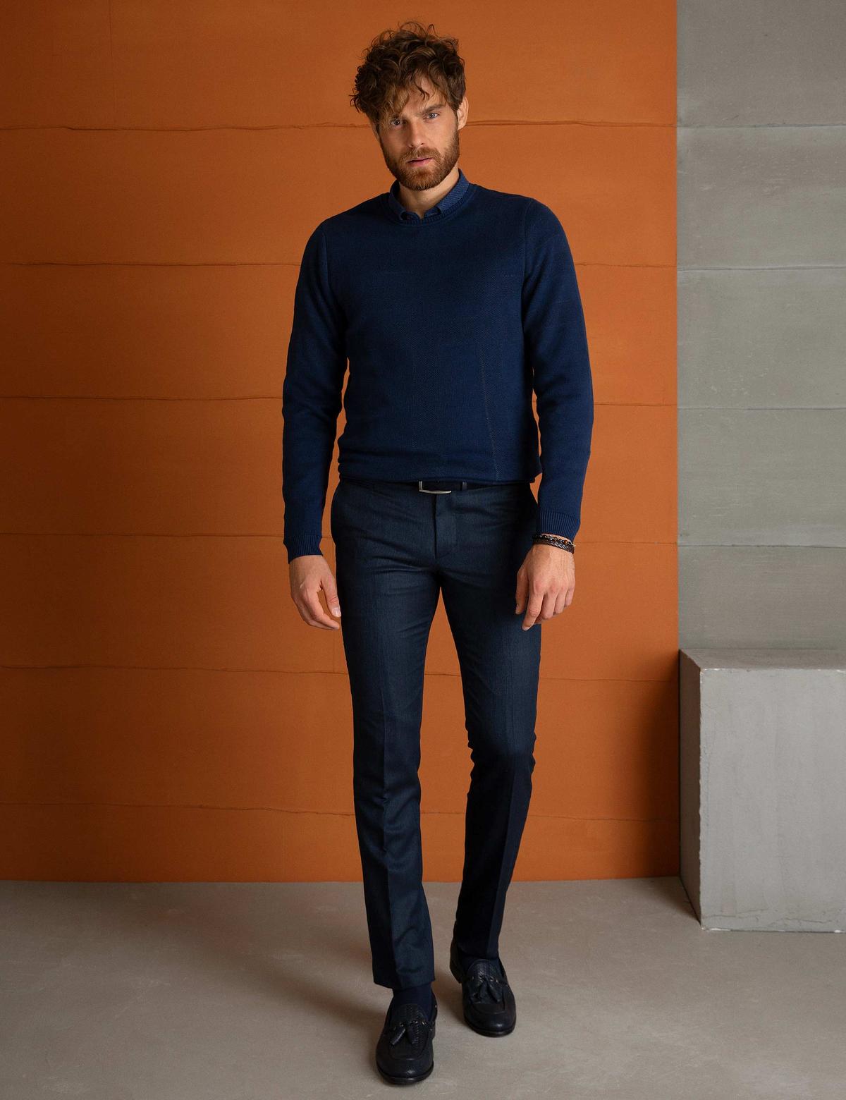 Lacivert Slim Fit Bisiklet Yaka Triko Kazak