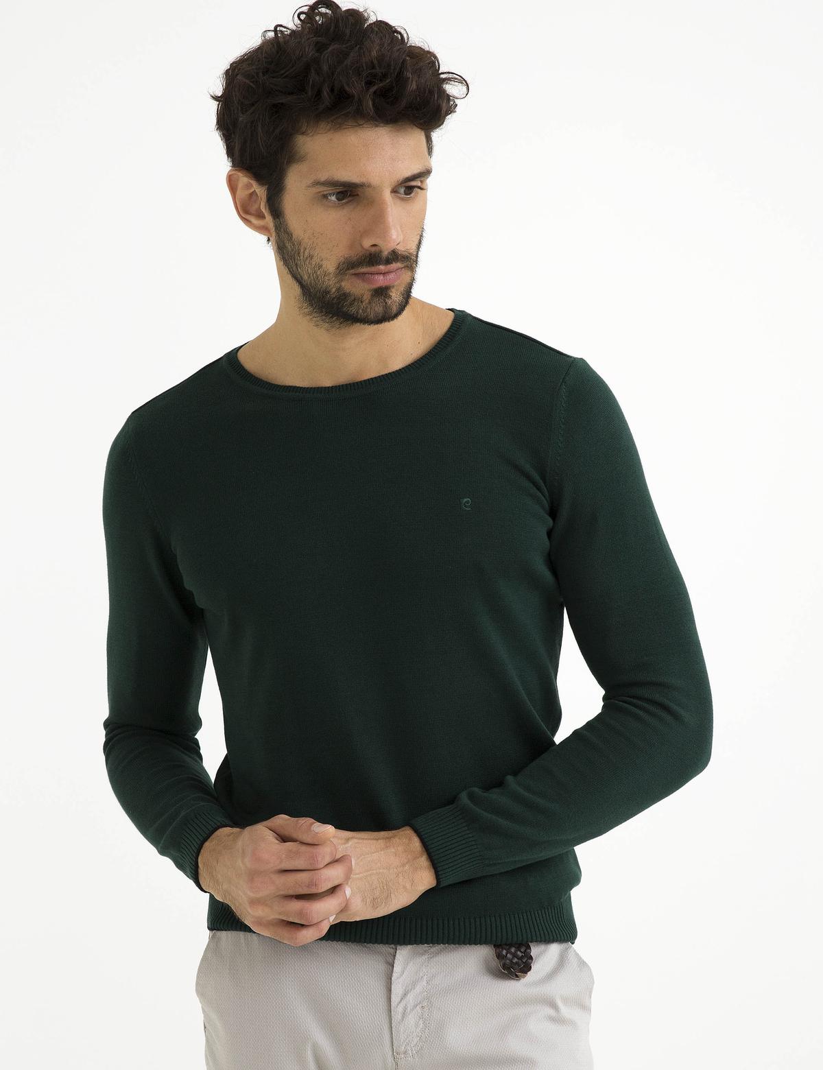 Yeşil Slim Fit Bisiklet Yaka Basic Triko Kazak
