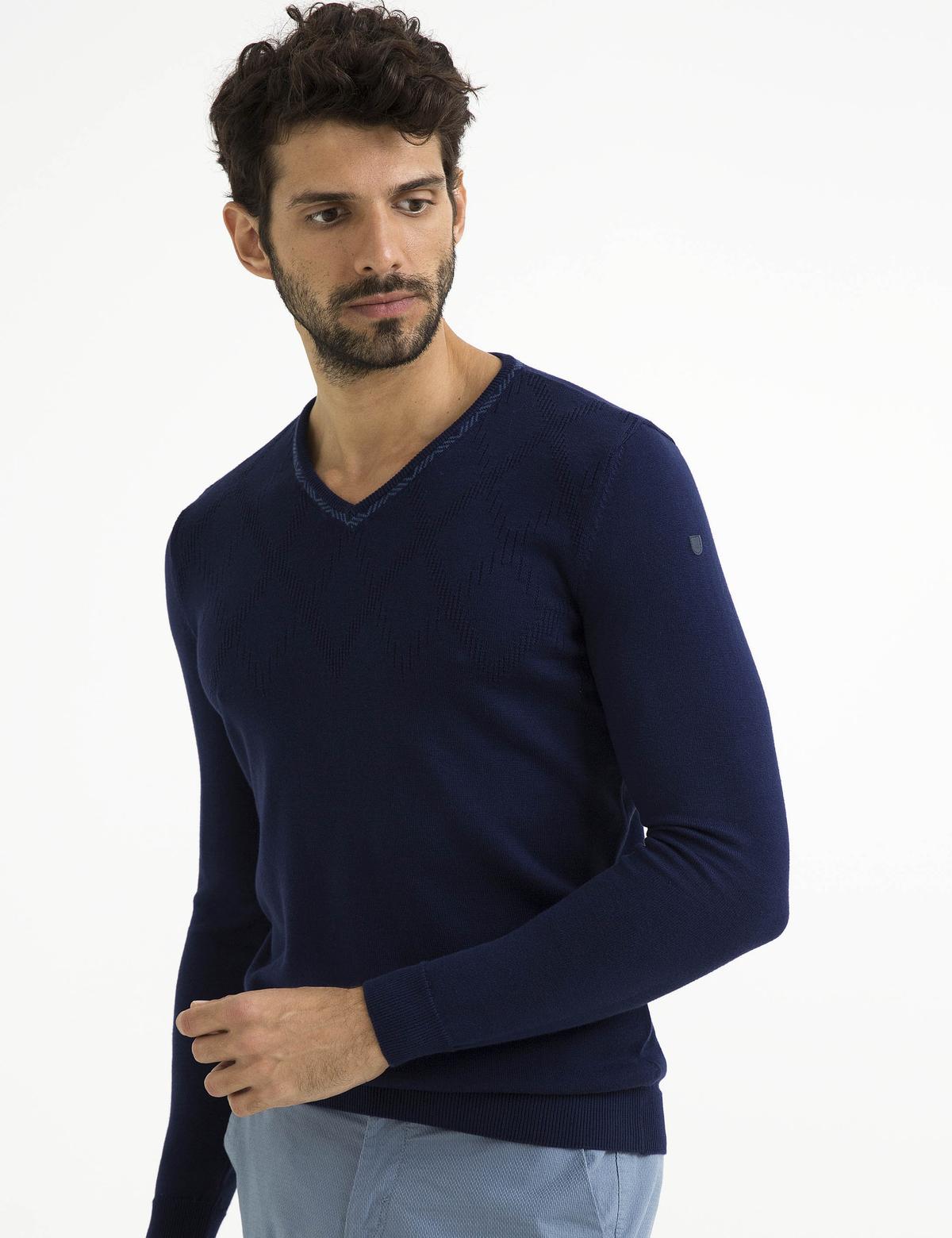 Lacivert Slim Fit V Yaka Triko Kazak