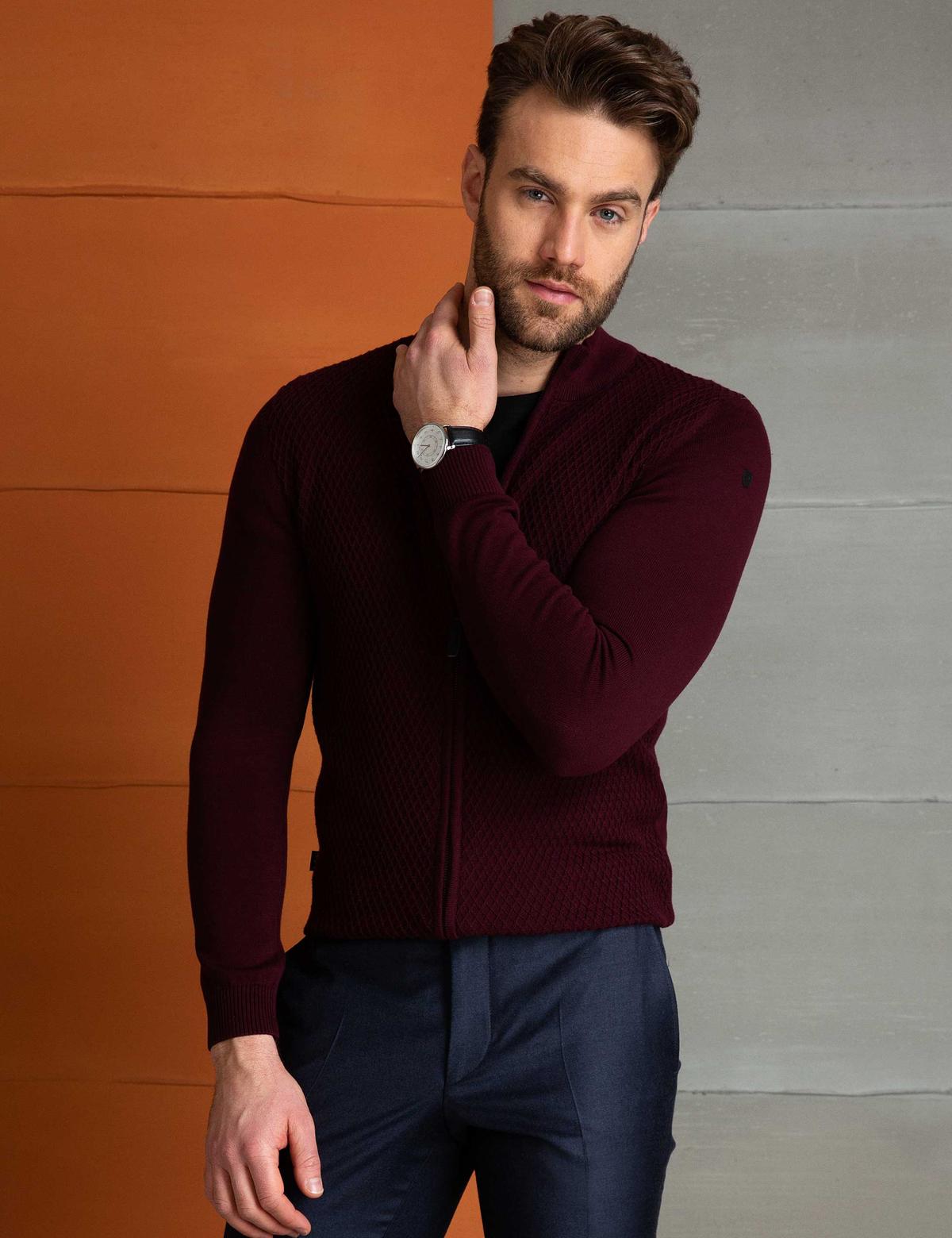 Bordo Slim Fit Triko Hırka