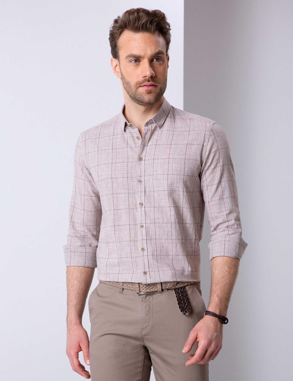 Kahverengi Slim Fit Uzun Kollu Gömlek