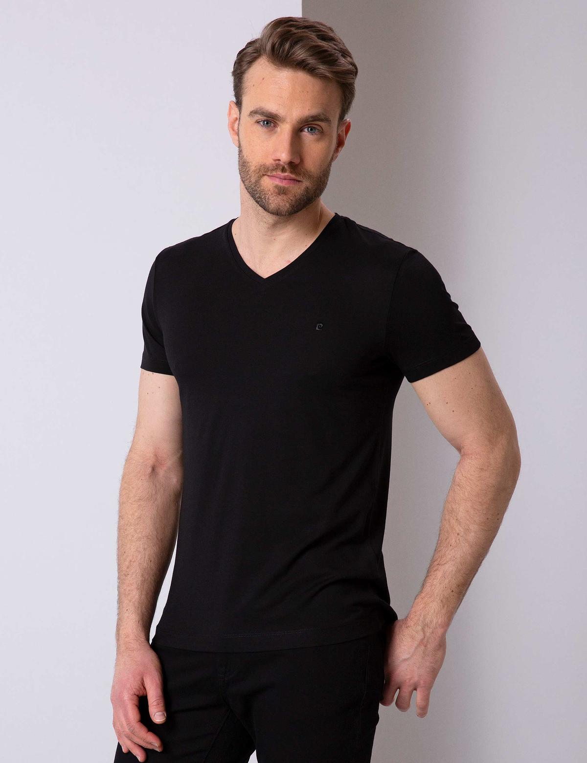 Siyah Slim Fit V Yaka Basic T-Shirt