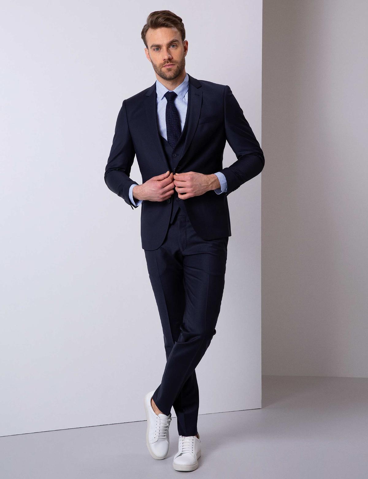 Lacivert Ekstra Slim Fit Yelekli Takım Elbise