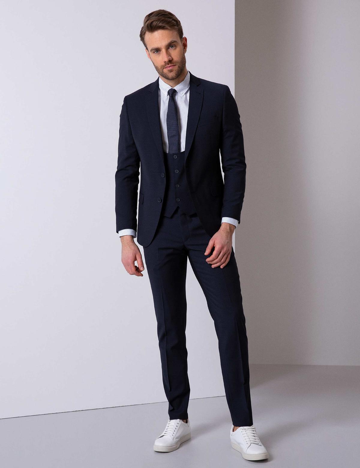 Lacivert Ekstra Slim Fit Yelekli Takım Elbise