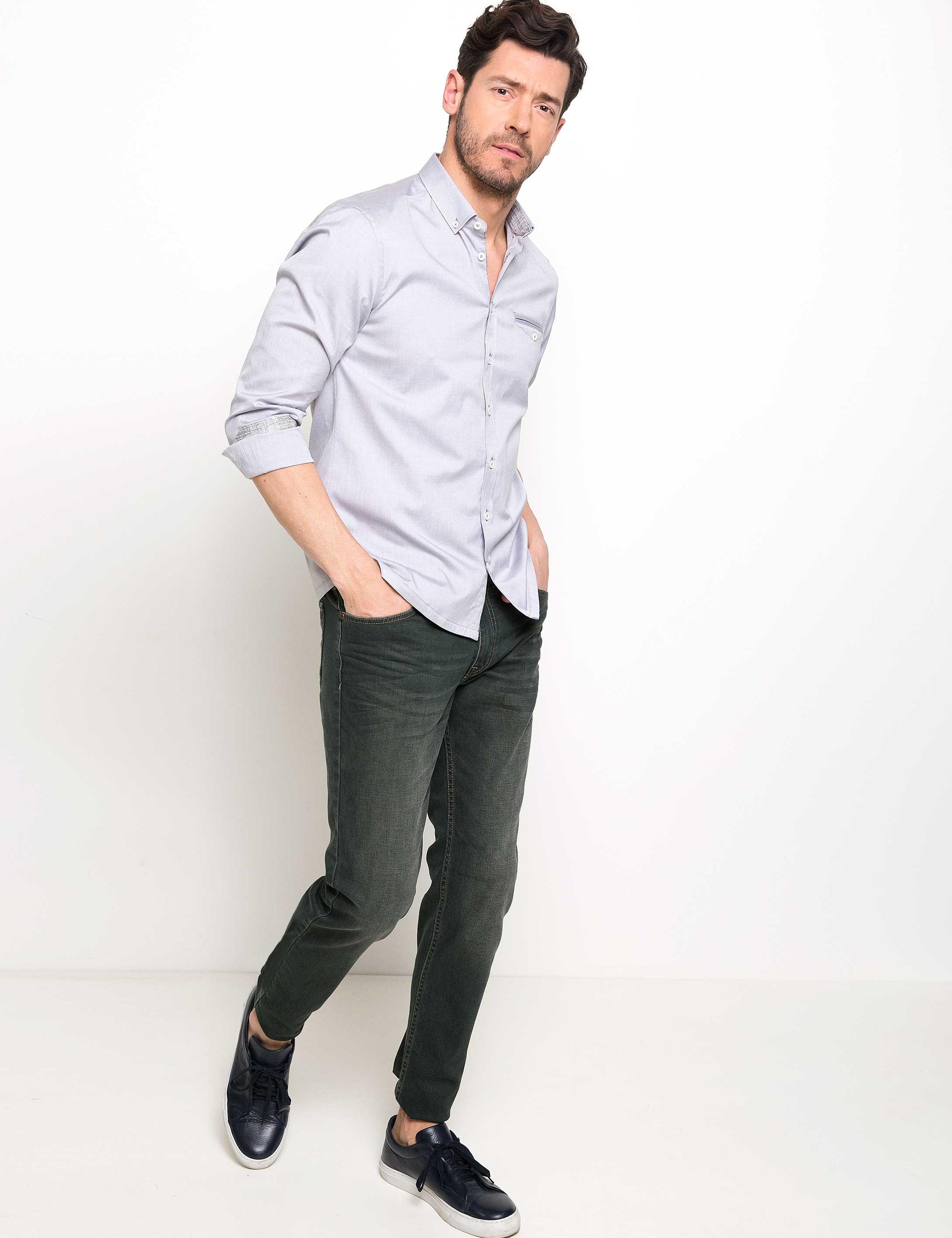 Gri Slim Fit Uzun Kollu Gömlek
