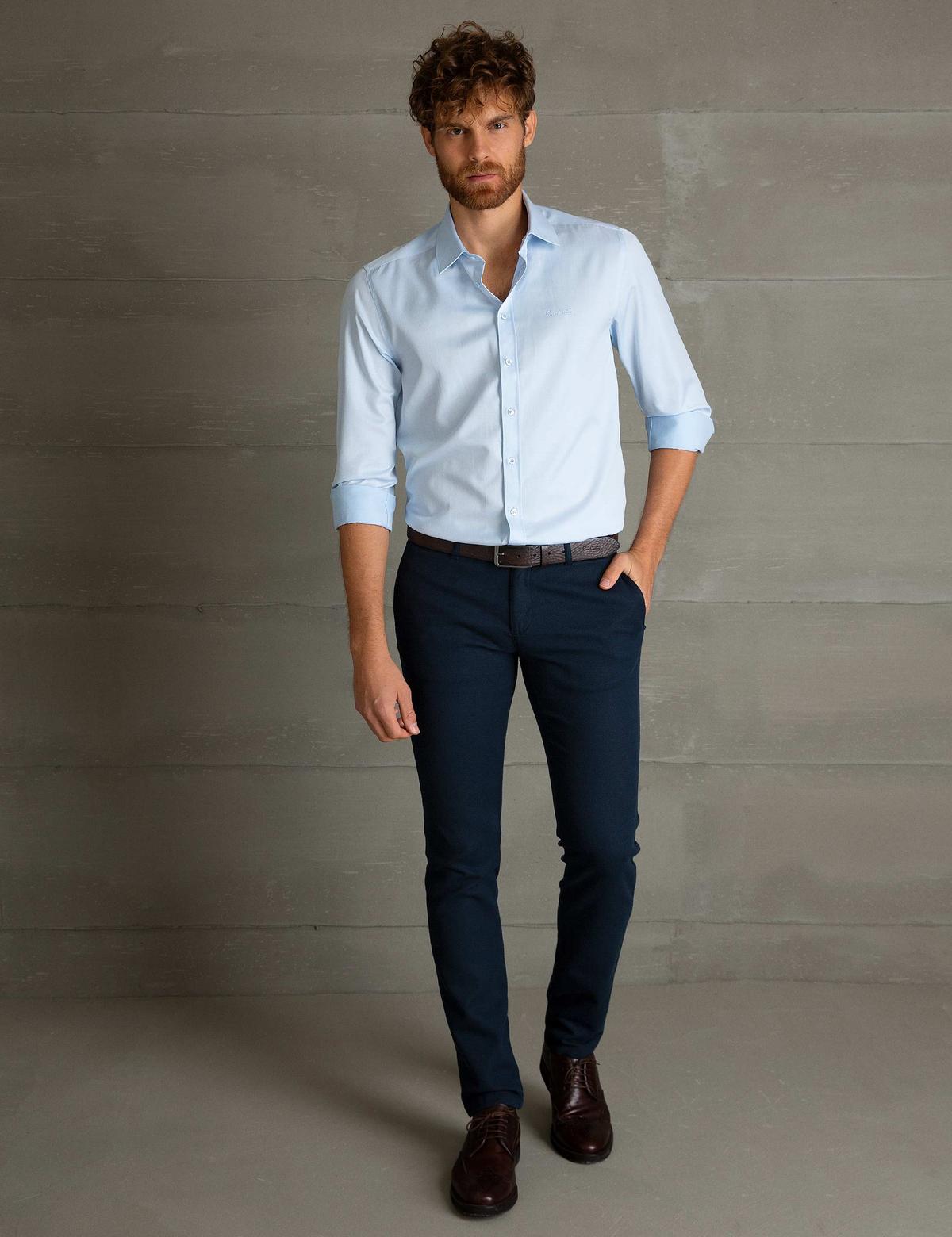 Açık Mavi Slim Fit Uzun Kollu Basic Gömlek