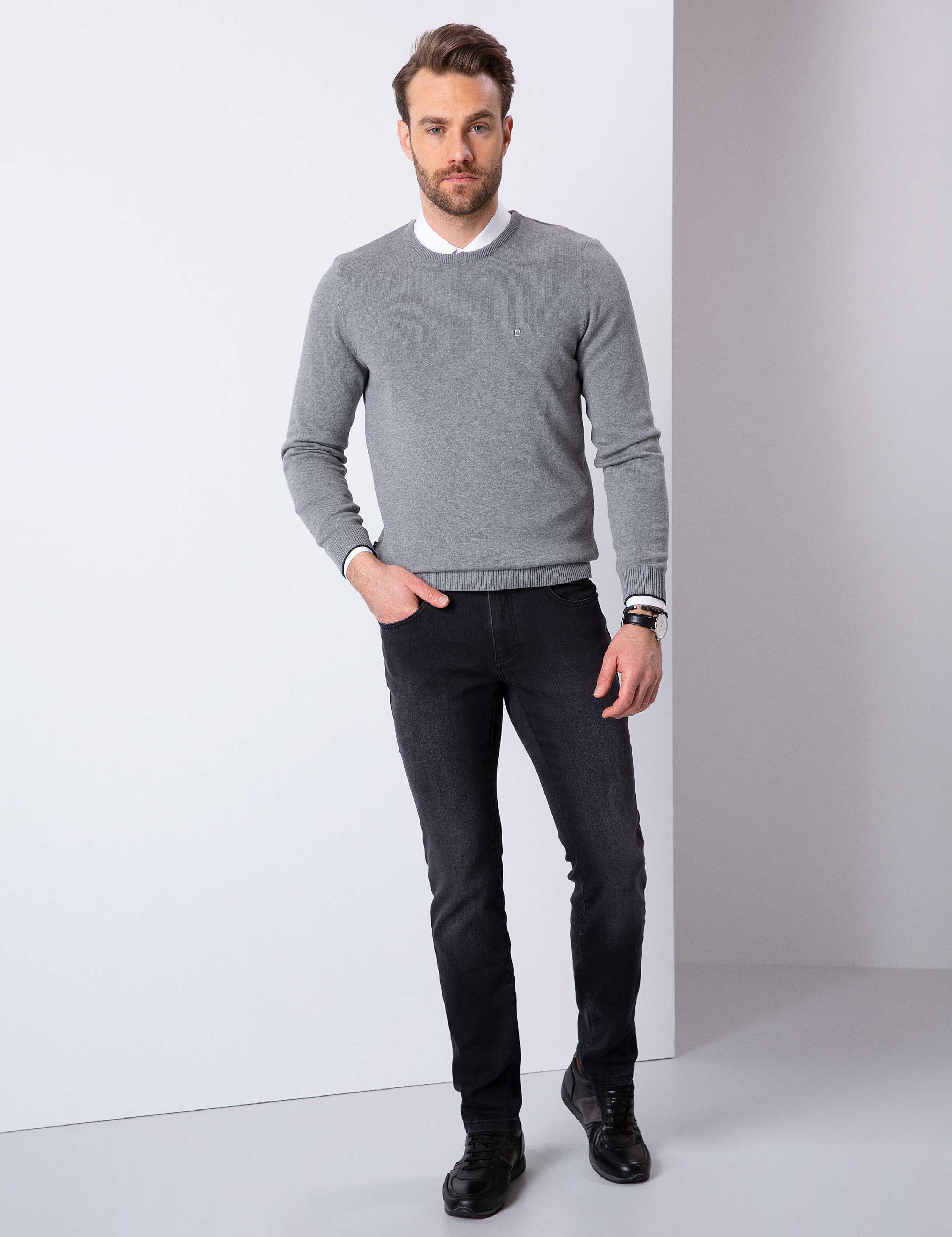 Gri Melanj Slim Fit Basic Kazak