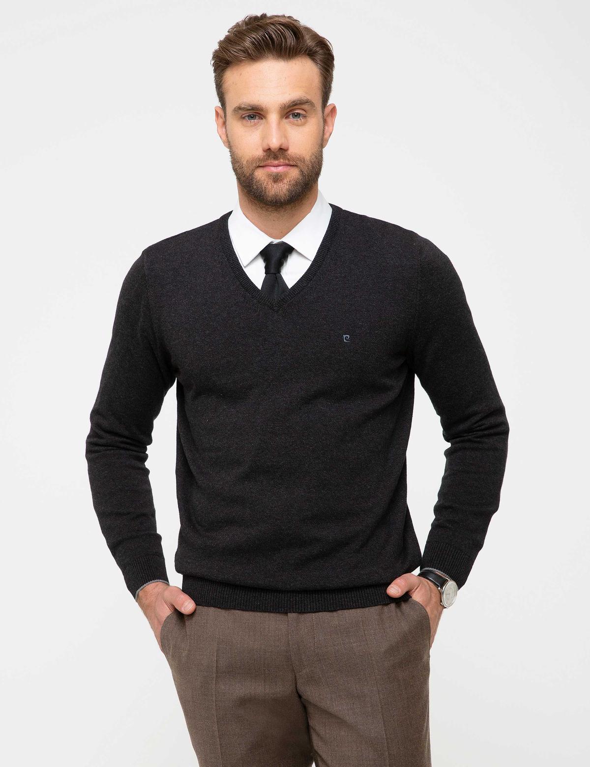 Antrasit Melanj Slim Fit V Yaka Basic Triko Kazak