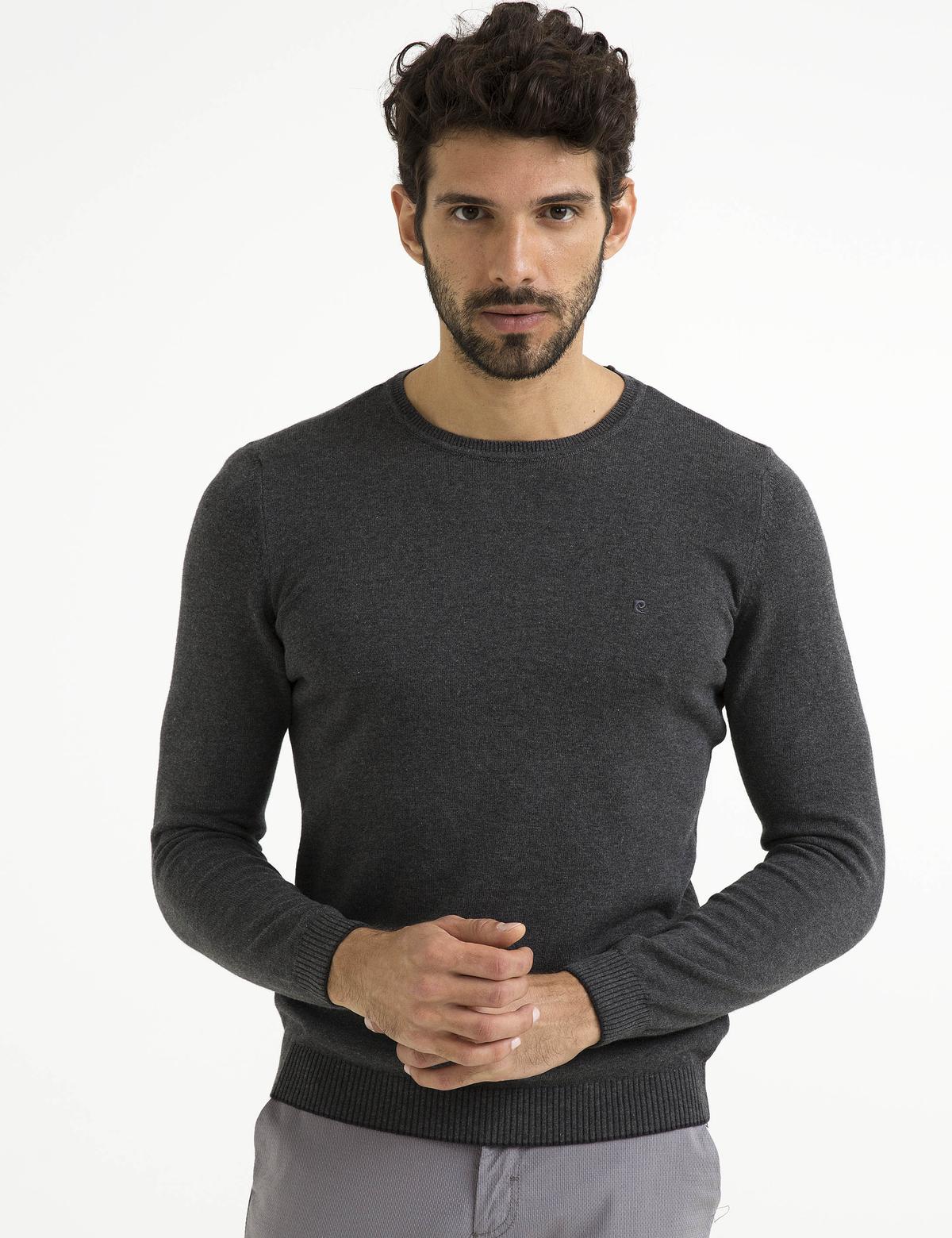 Gri Melanj Slim Fit Bisiklet Yaka Basic Triko Kazak