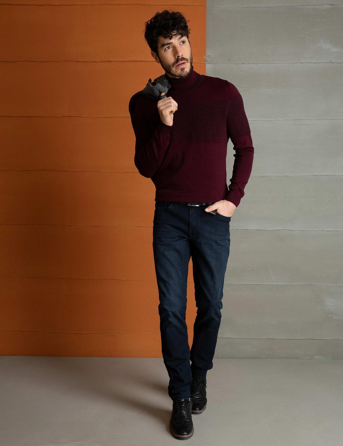 Bordo Slim Fit Balıkçı Yaka Triko Kazak