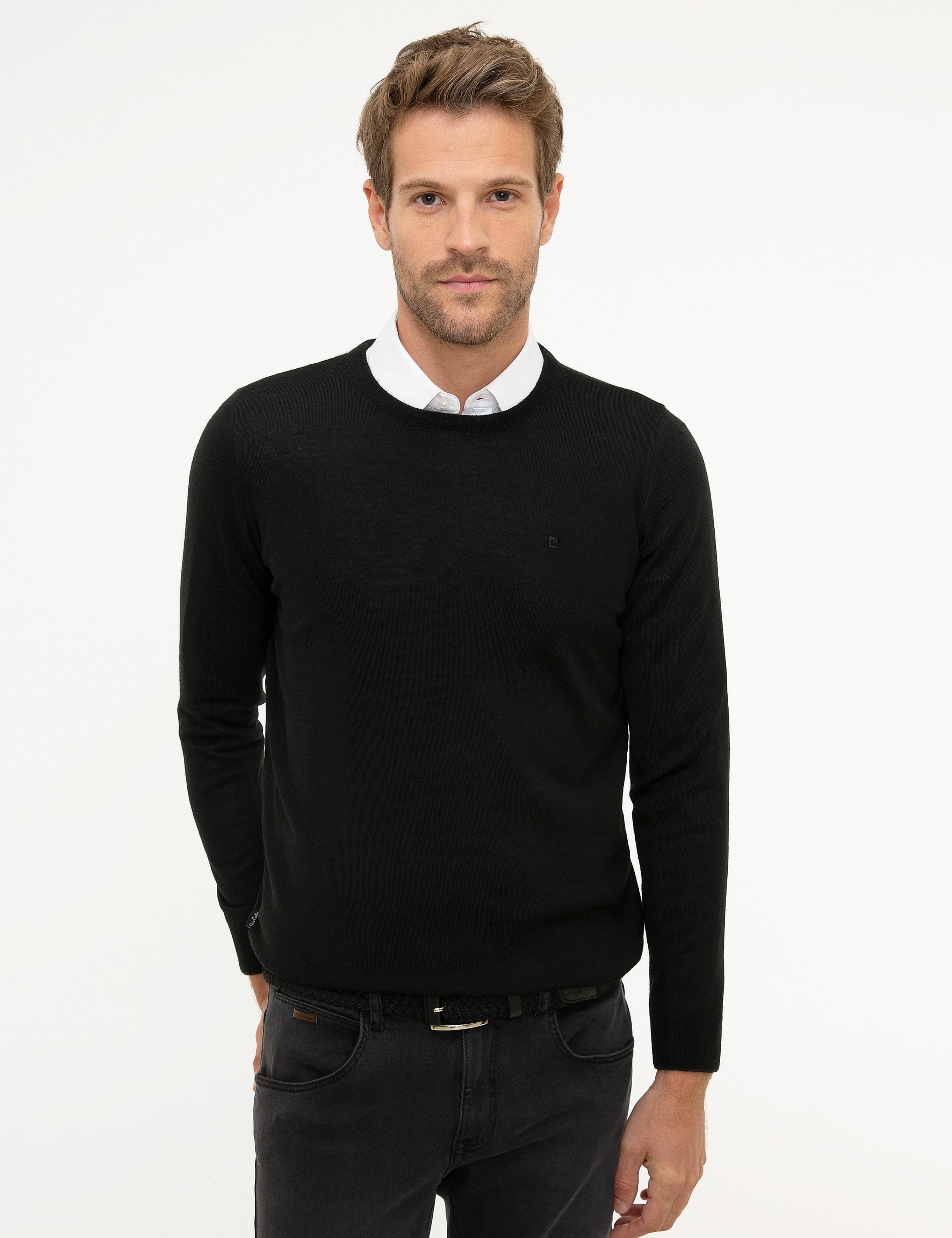 Siyah Slim Fit Bisiklet Yaka Yün Karışımlı Basic Triko Kazak