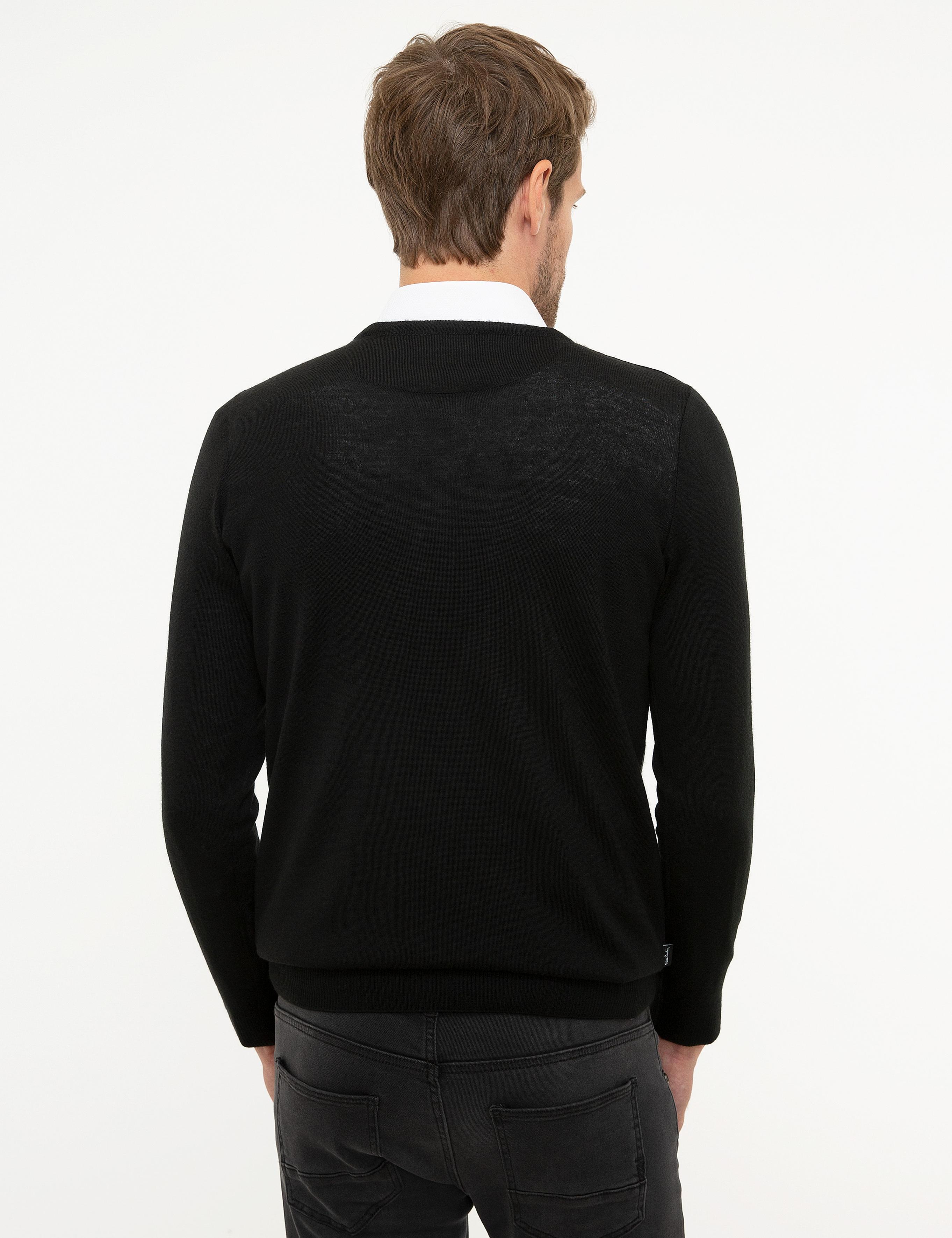 Siyah Slim Fit Bisiklet Yaka Yün Karışımlı Basic Triko Kazak