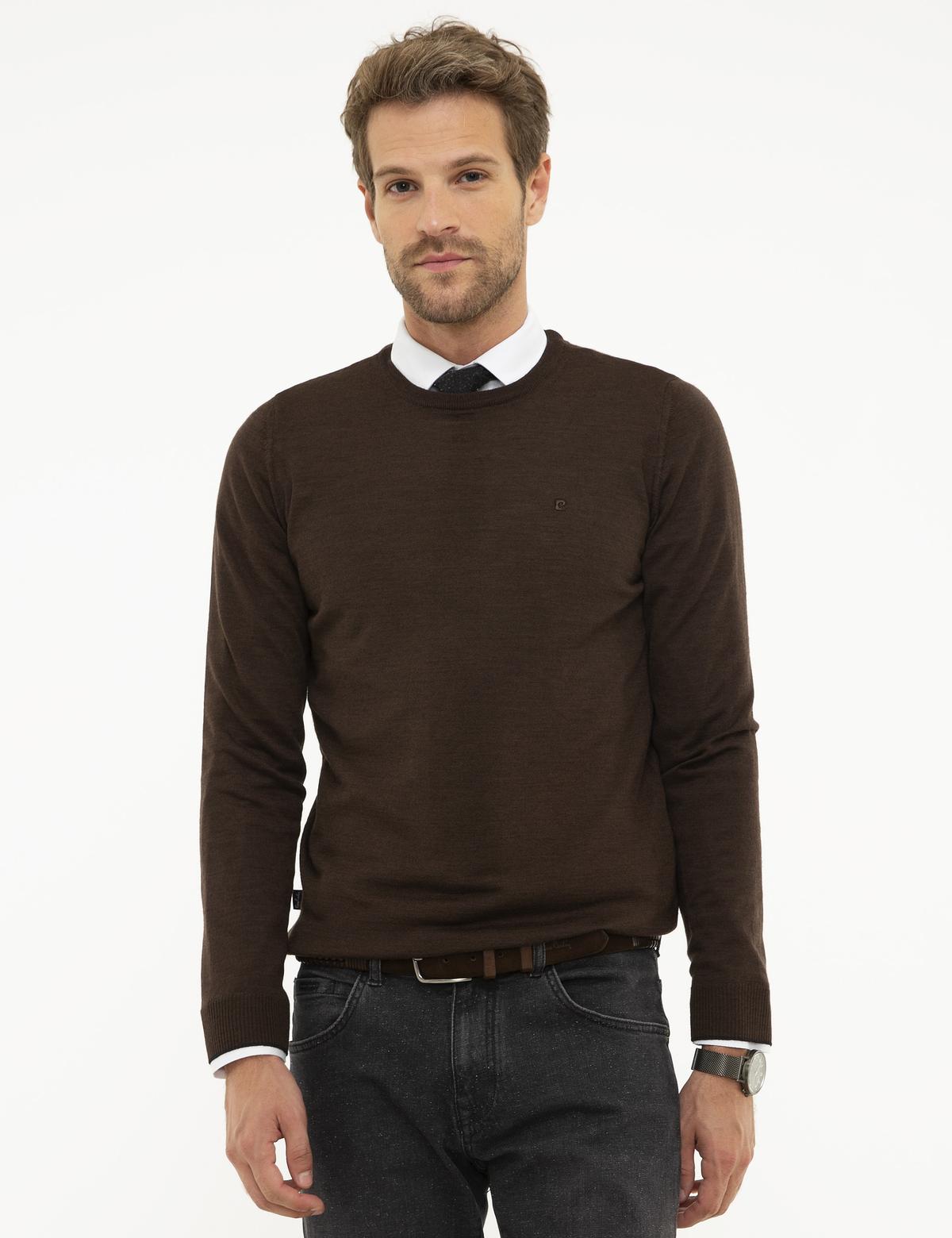 Kahverengi Slim Fit Bisiklet Yaka Basic Triko Kazak