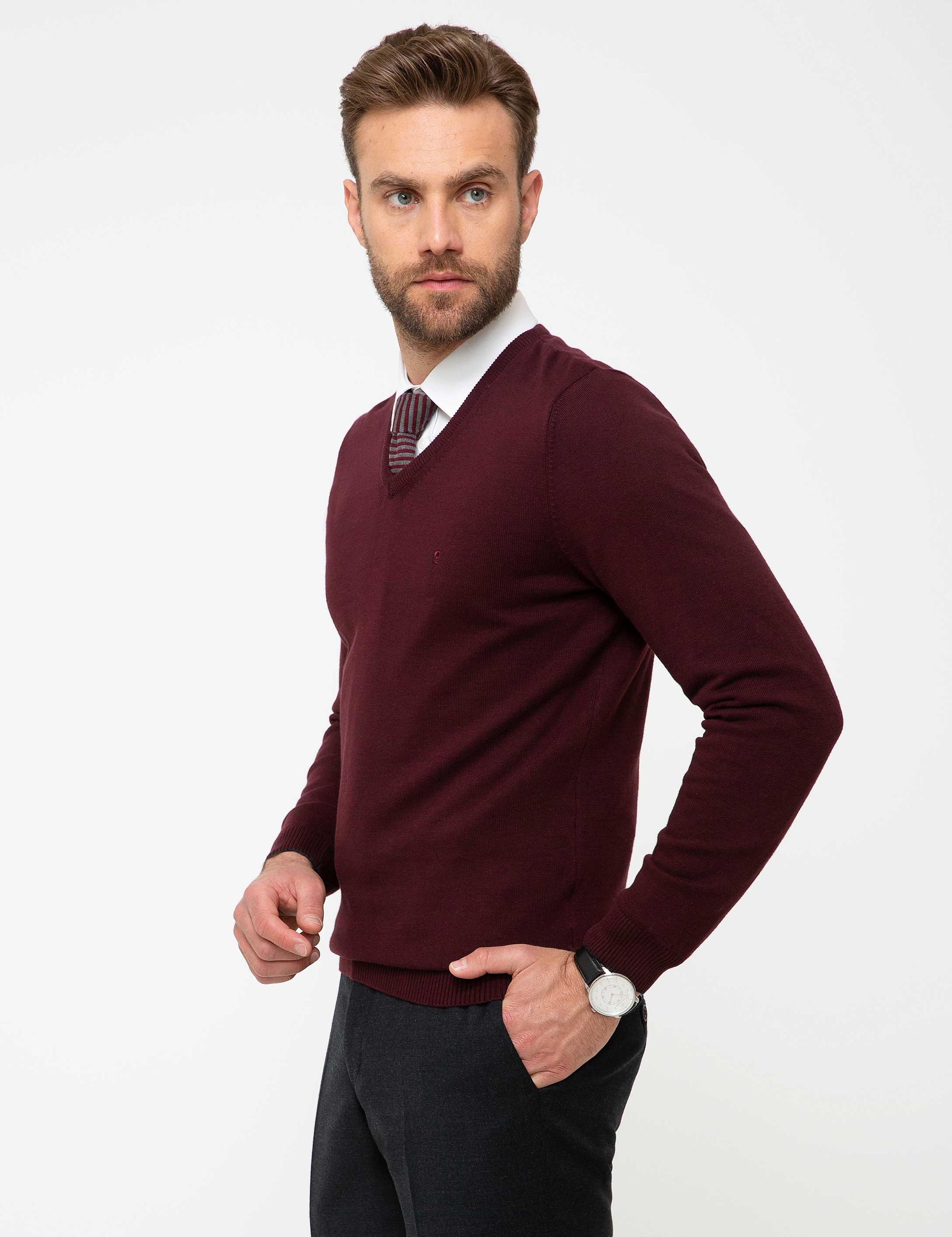 Bordo Slim Fit V Yaka Basic Triko Kazak