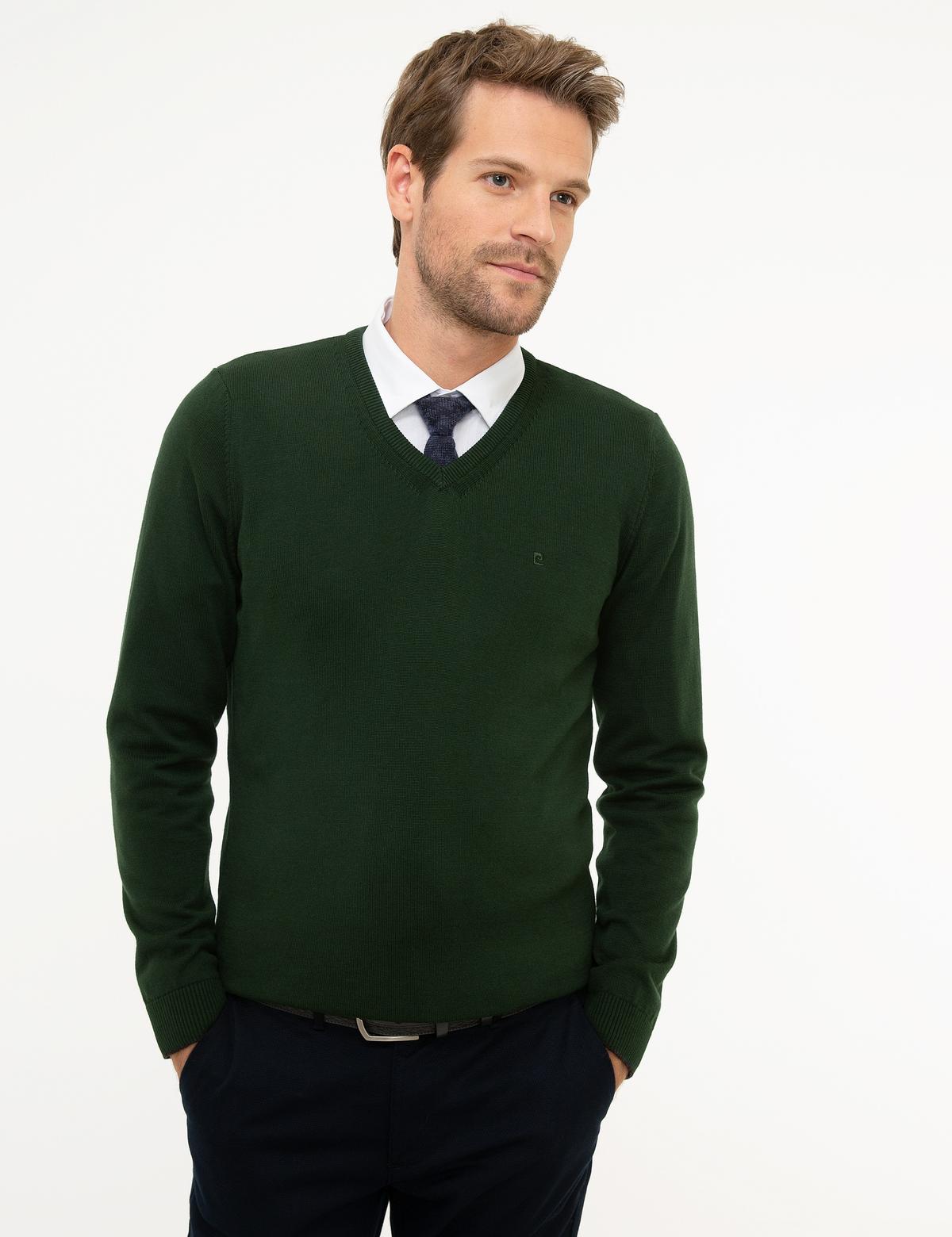 Koyu Yeşil Slim Fit V Yaka Basic Triko Kazak