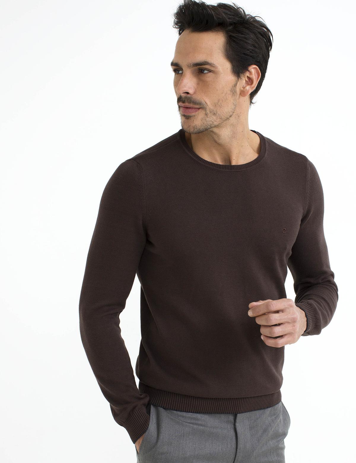 Kahverengi Slim Fit Bisiklet Yaka Basic Triko Kazak