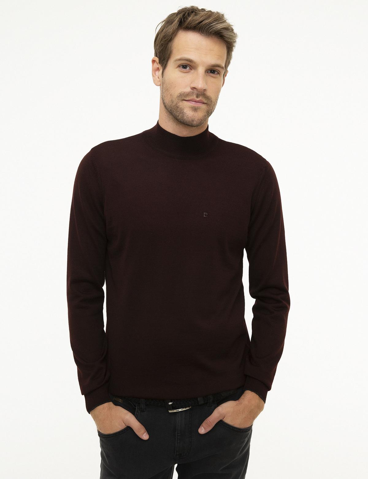 Bordo Slim Fit Yarım Balıkçı Yaka Basic Triko Kazak