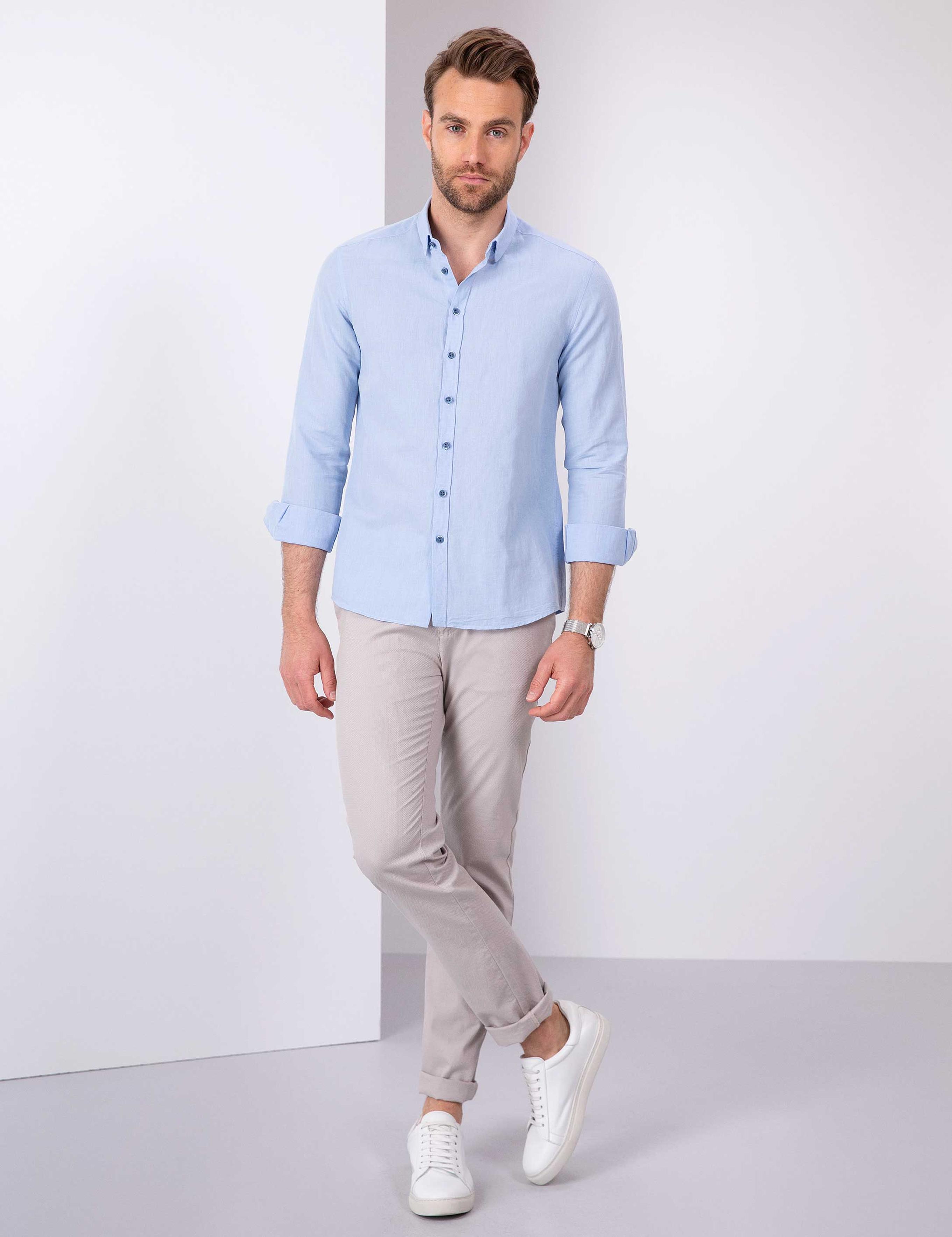 Açık Mavi Slim Fit Keten Karışımlı Gömlek