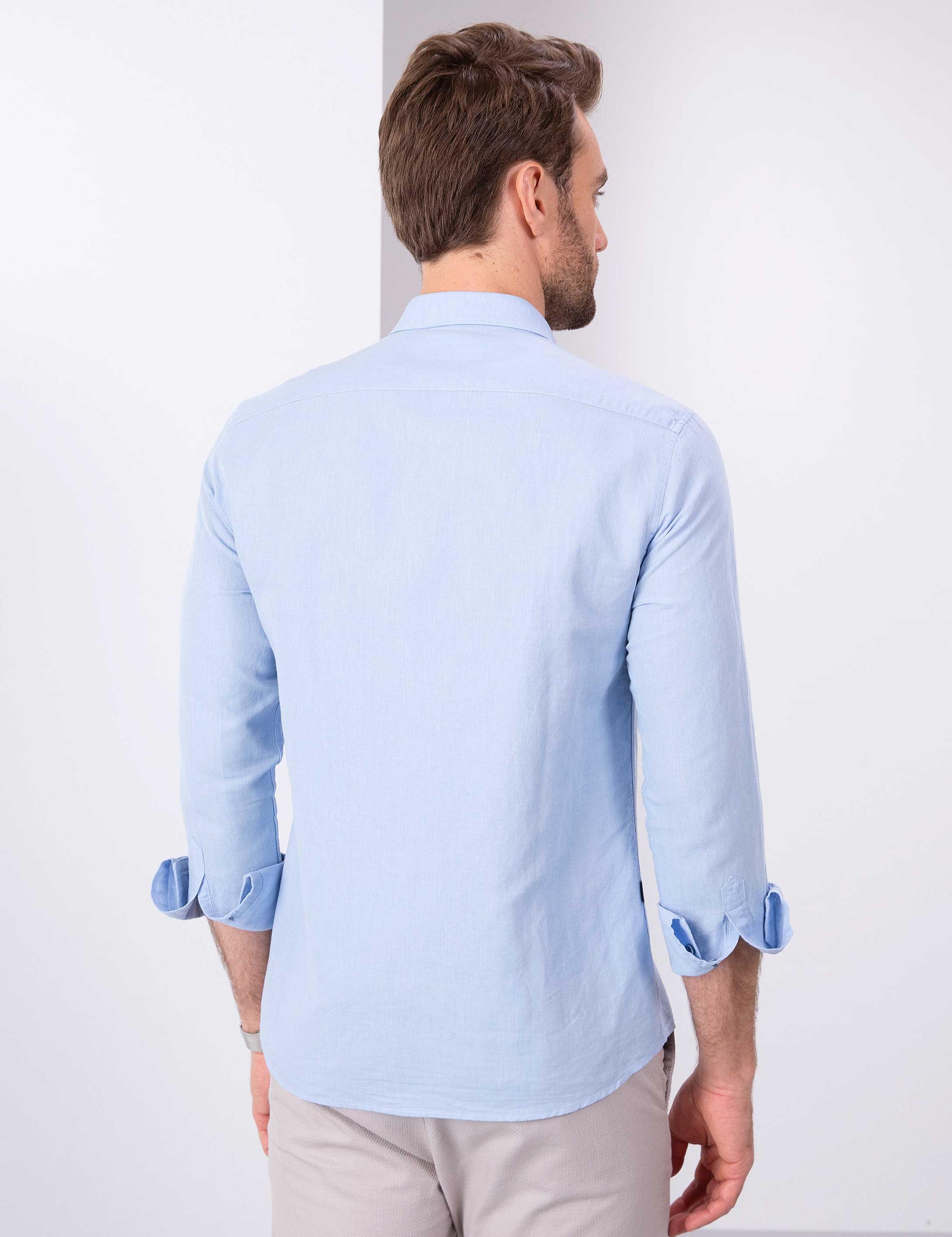 Açık Mavi Slim Fit Keten Karışımlı Gömlek