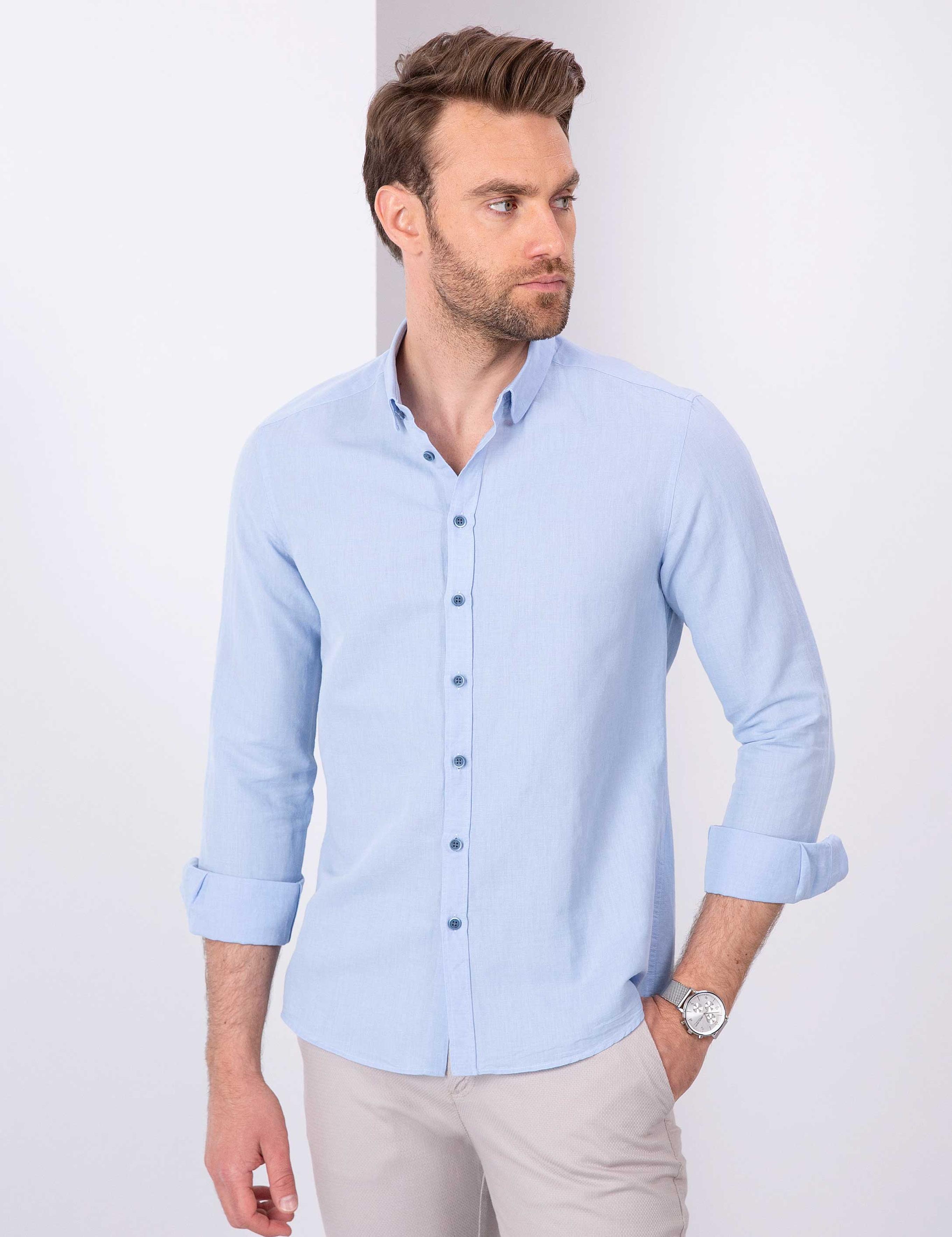 Açık Mavi Slim Fit Keten Karışımlı Gömlek