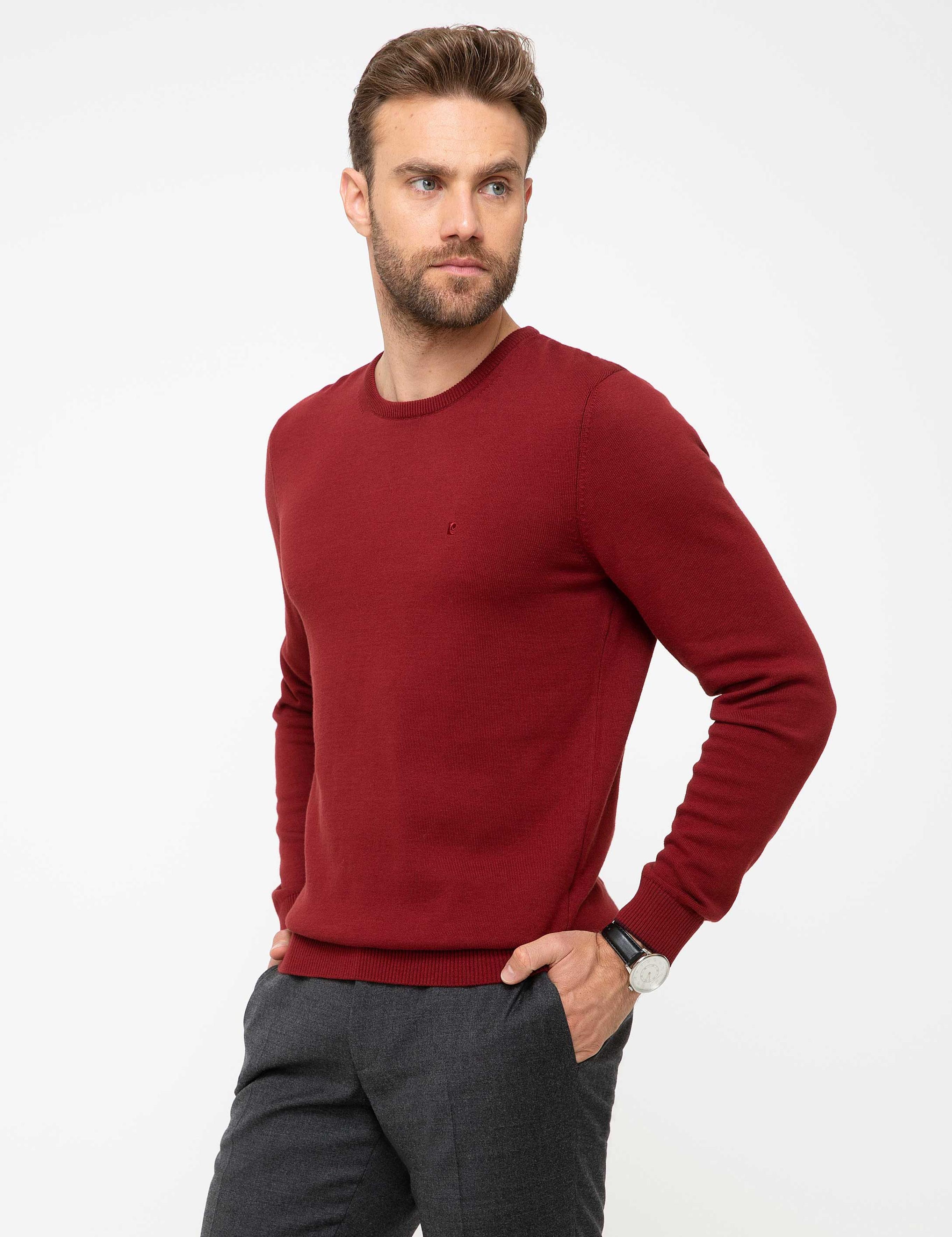 Kırmızı Slim Fit Bisiklet Yaka Basic Triko Kazak