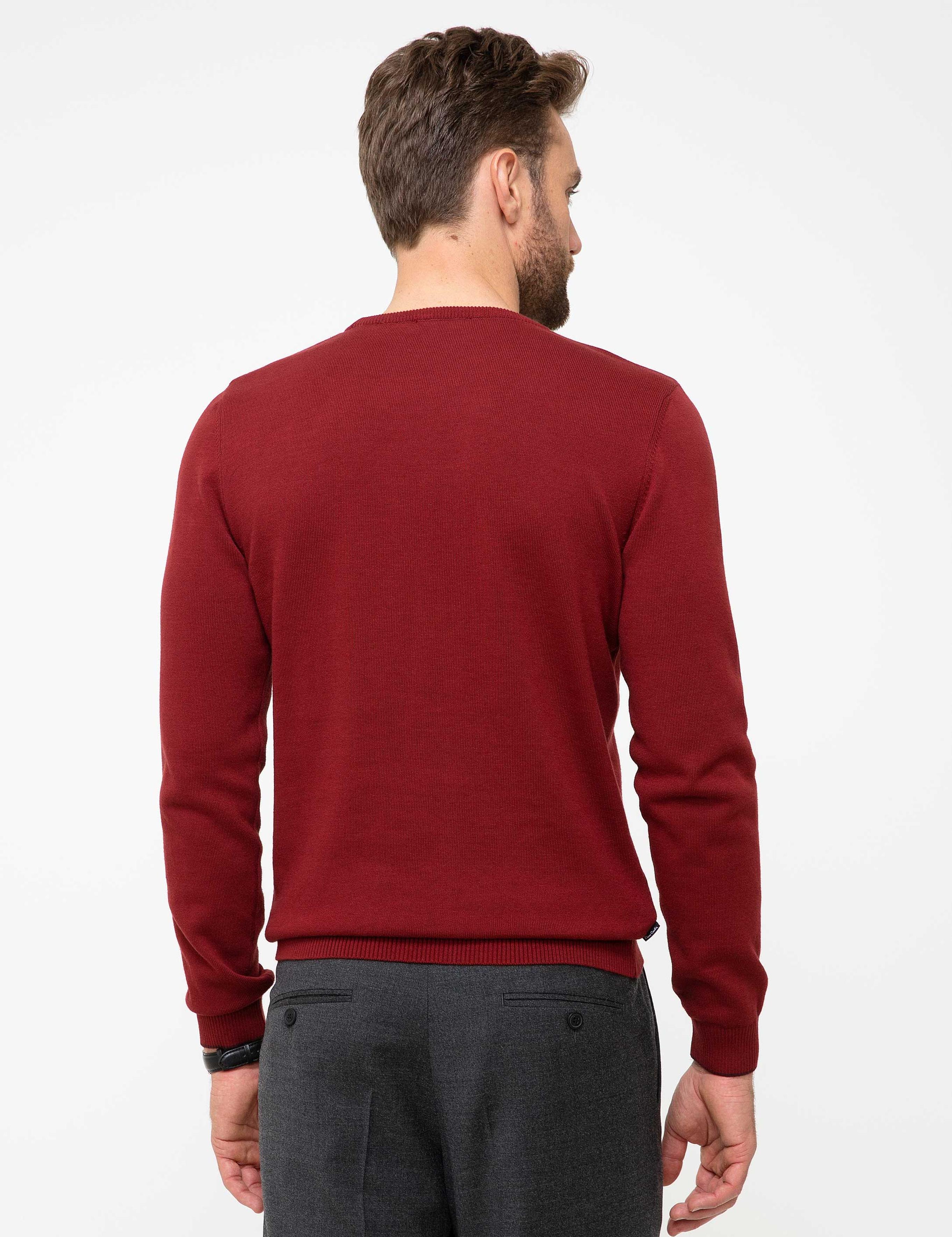 Kırmızı Slim Fit Bisiklet Yaka Basic Triko Kazak