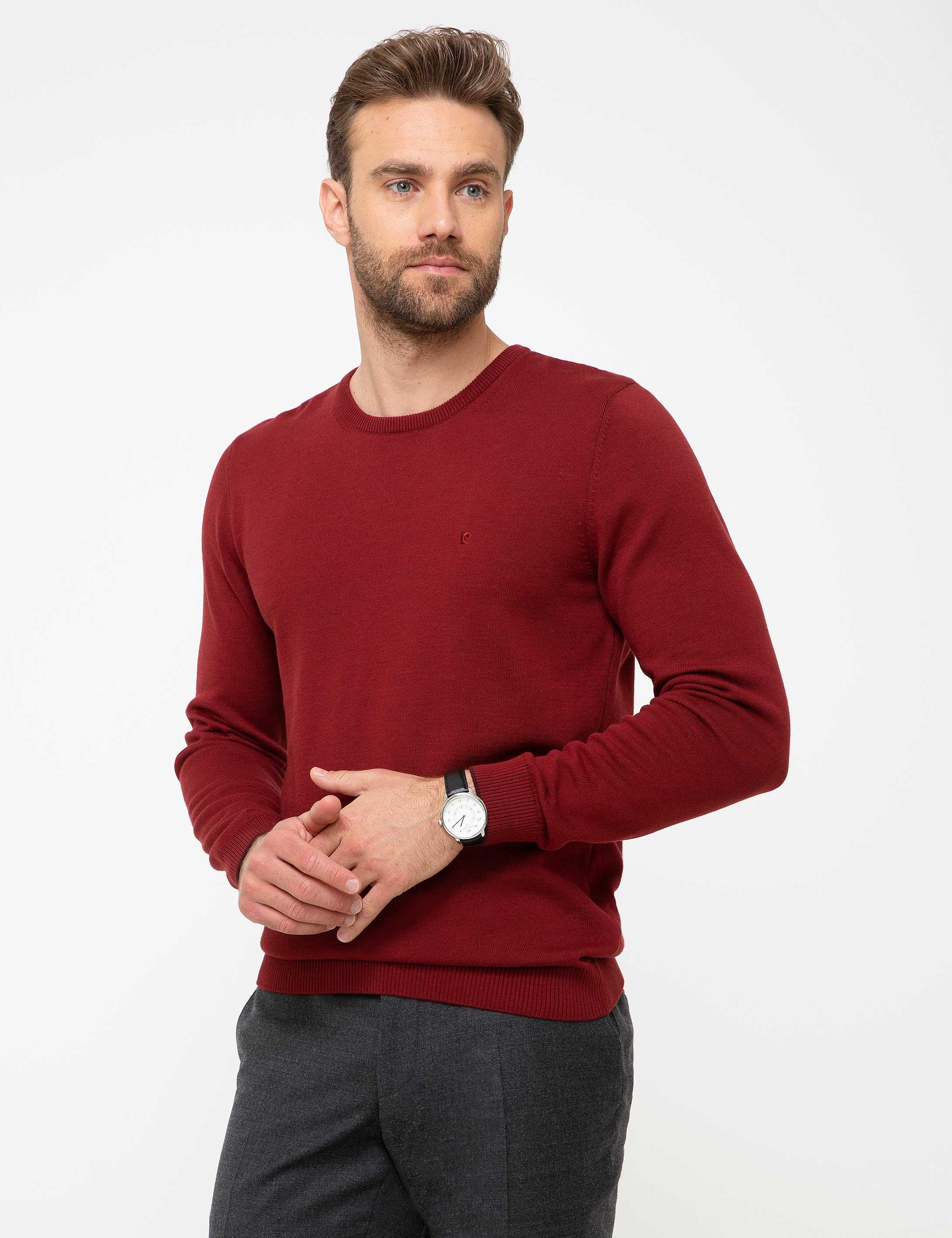 Kırmızı Slim Fit Bisiklet Yaka Basic Triko Kazak