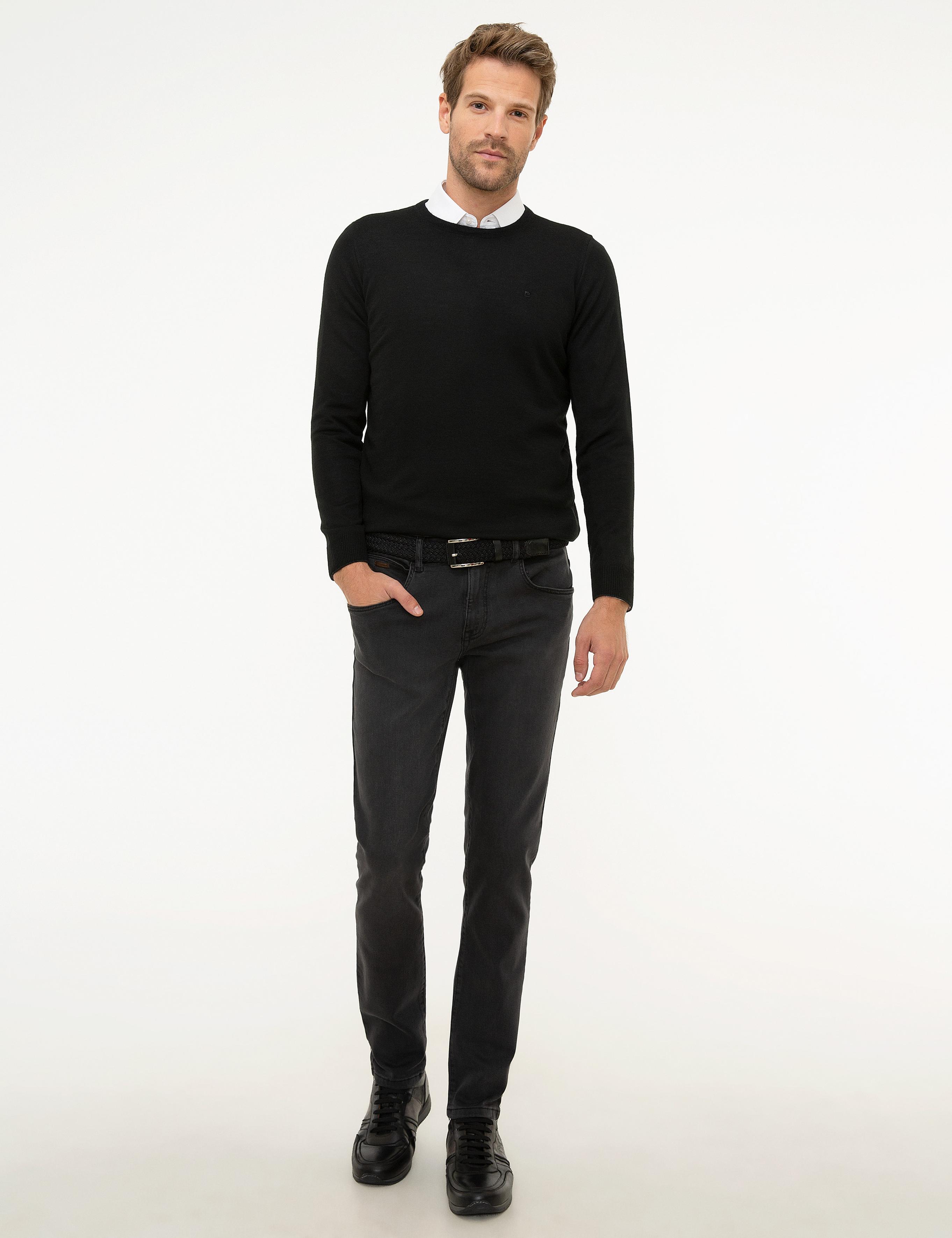 Siyah Slim Fit Bisiklet Yaka Yün Karışımlı Basic Triko Kazak