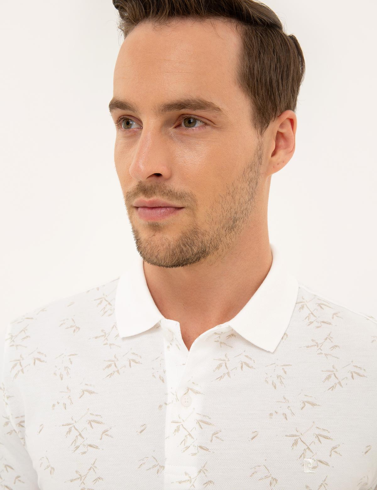 Bej Detaylı Beyaz Slim Fit Polo Yaka T-Shirt