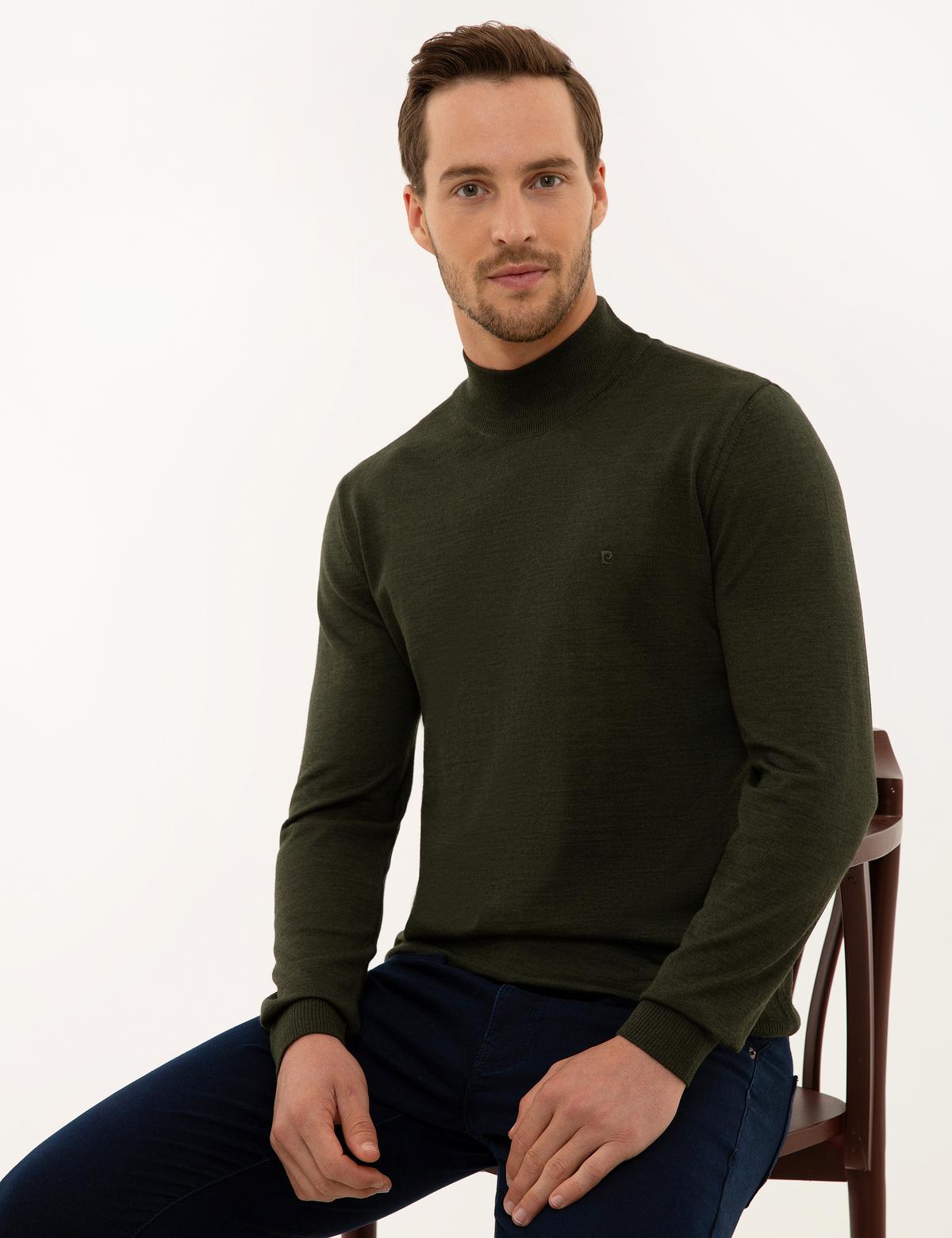 Yeşil Slim Fit Yarım Balıkçı Yaka Yün Karışımlı Basic Triko Kazak