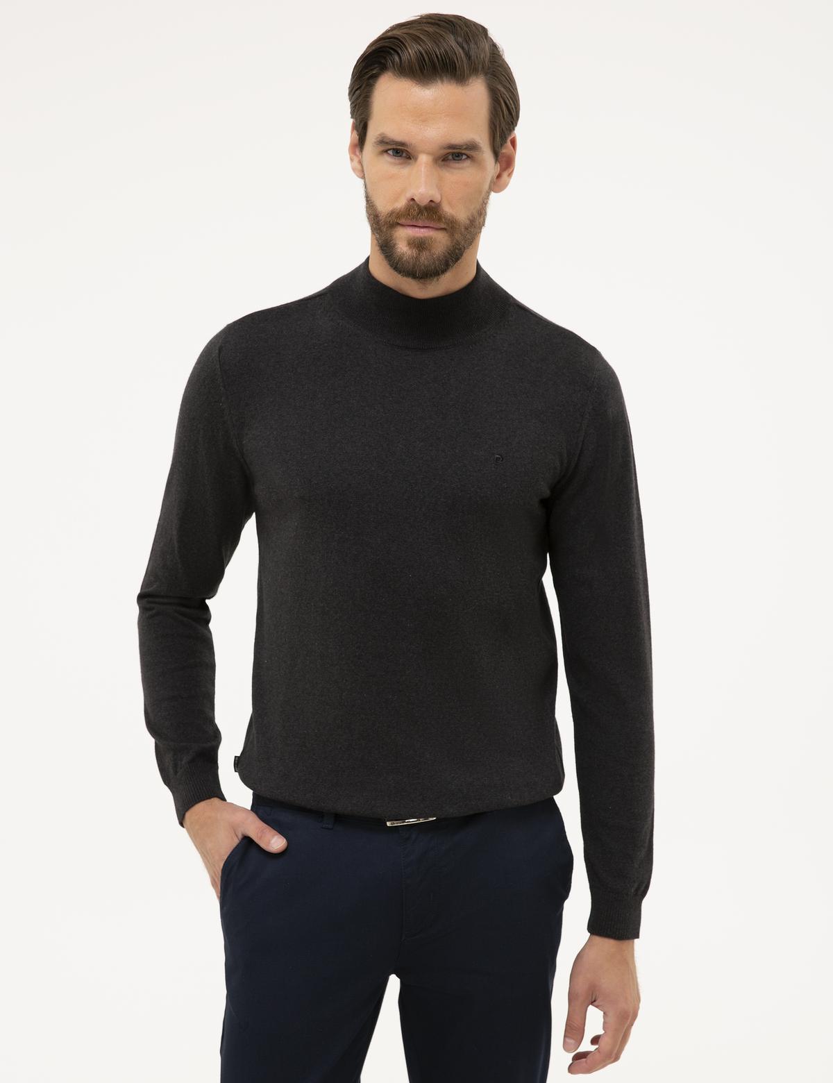 Antrasit Melanj Slim Fit Yarım Balıkçı Yaka Basic Triko Kazak