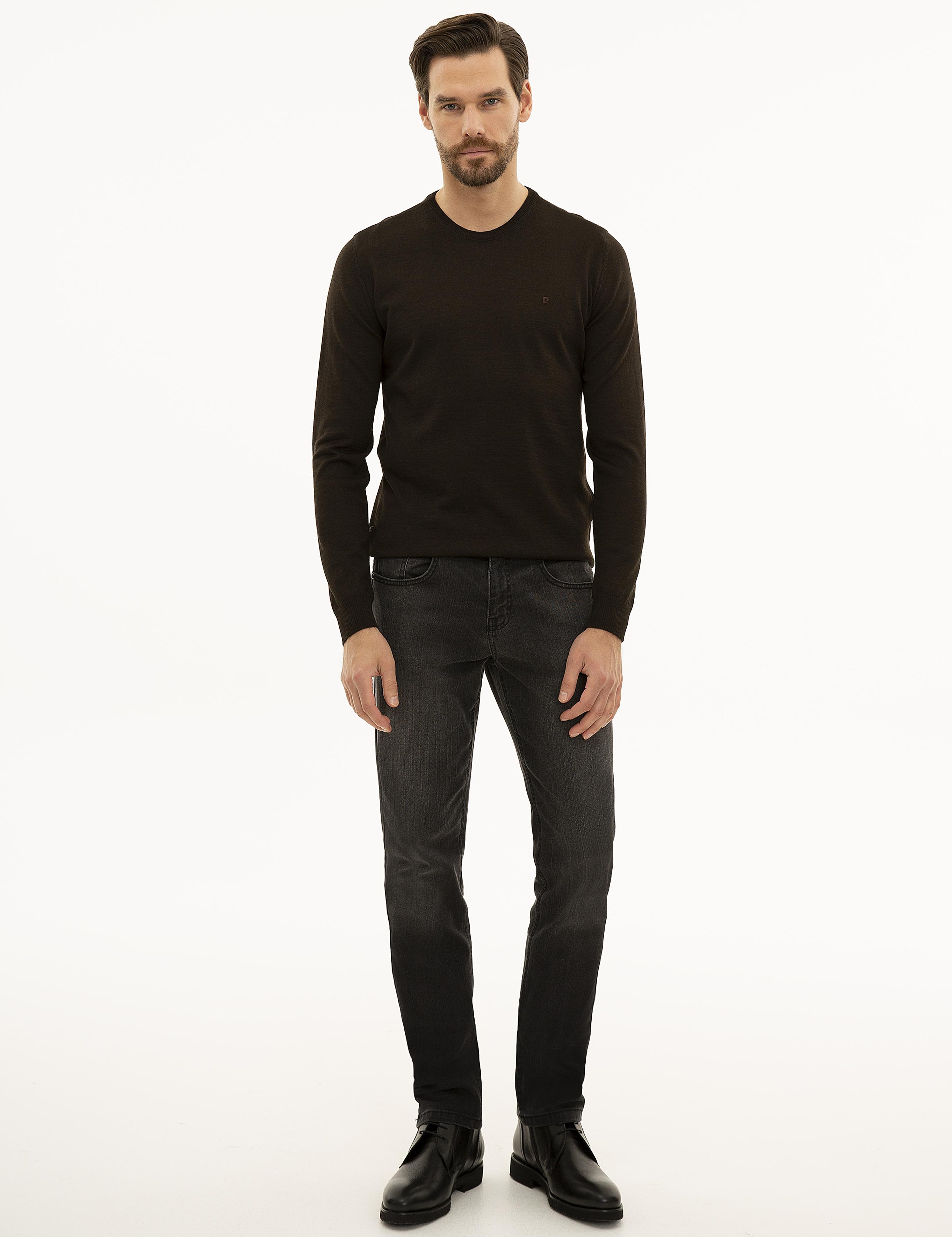 Kahverengi Slim Fit Bisiklet Yaka Basic Triko Kazak