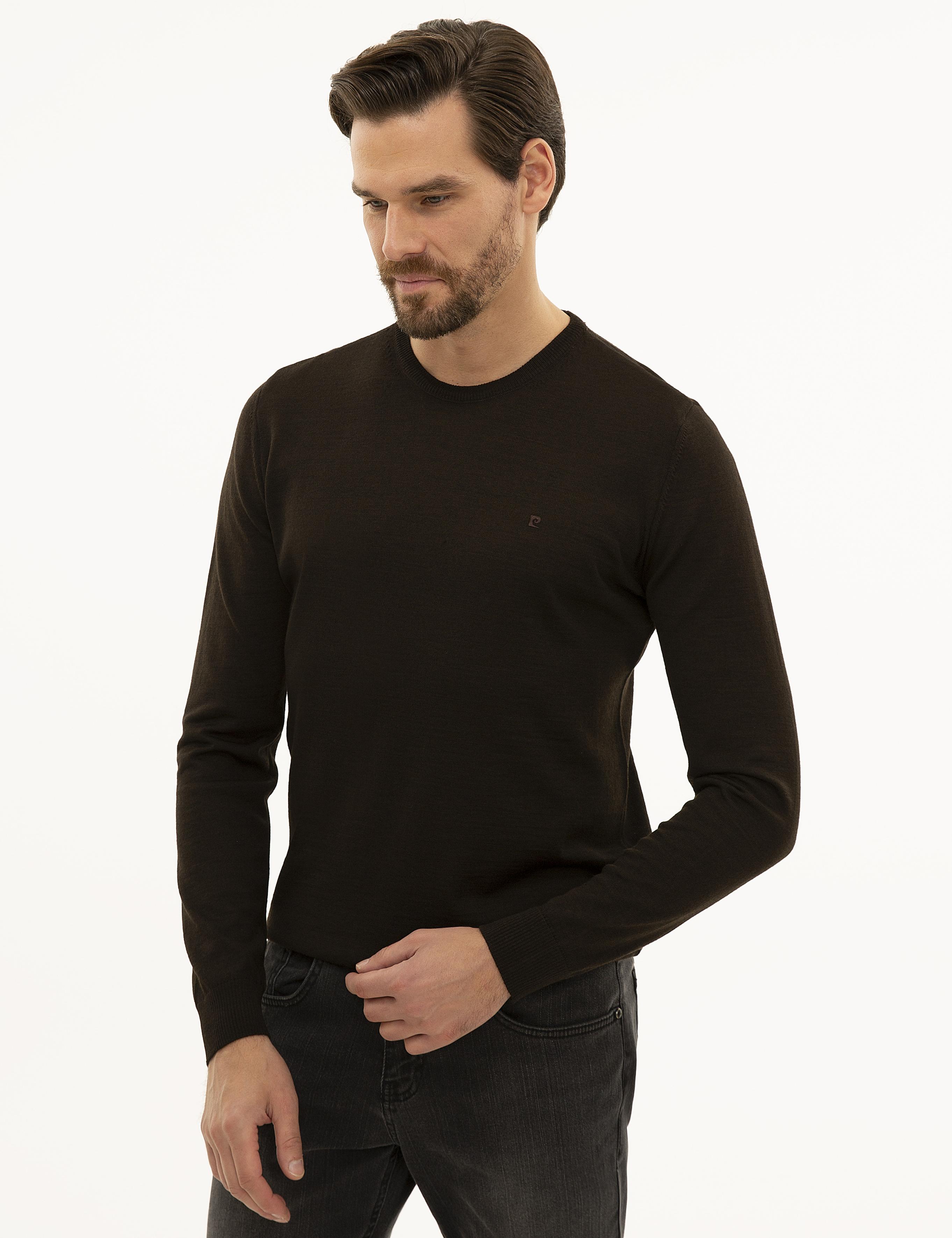 Kahverengi Slim Fit Bisiklet Yaka Basic Triko Kazak