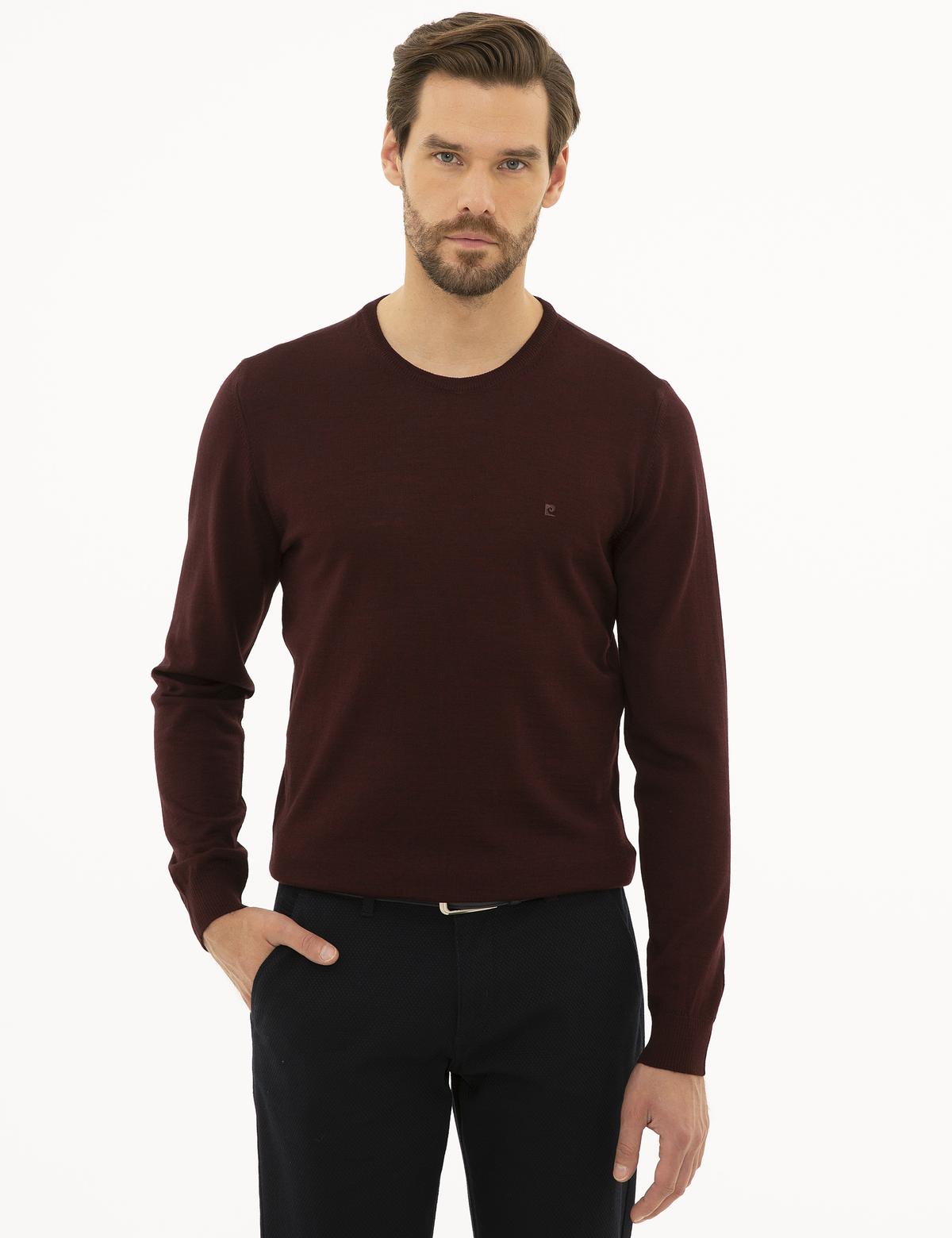 Bordo Slim Fit Bisiklet Yaka Yün Karışımlı Basic Triko Kazak