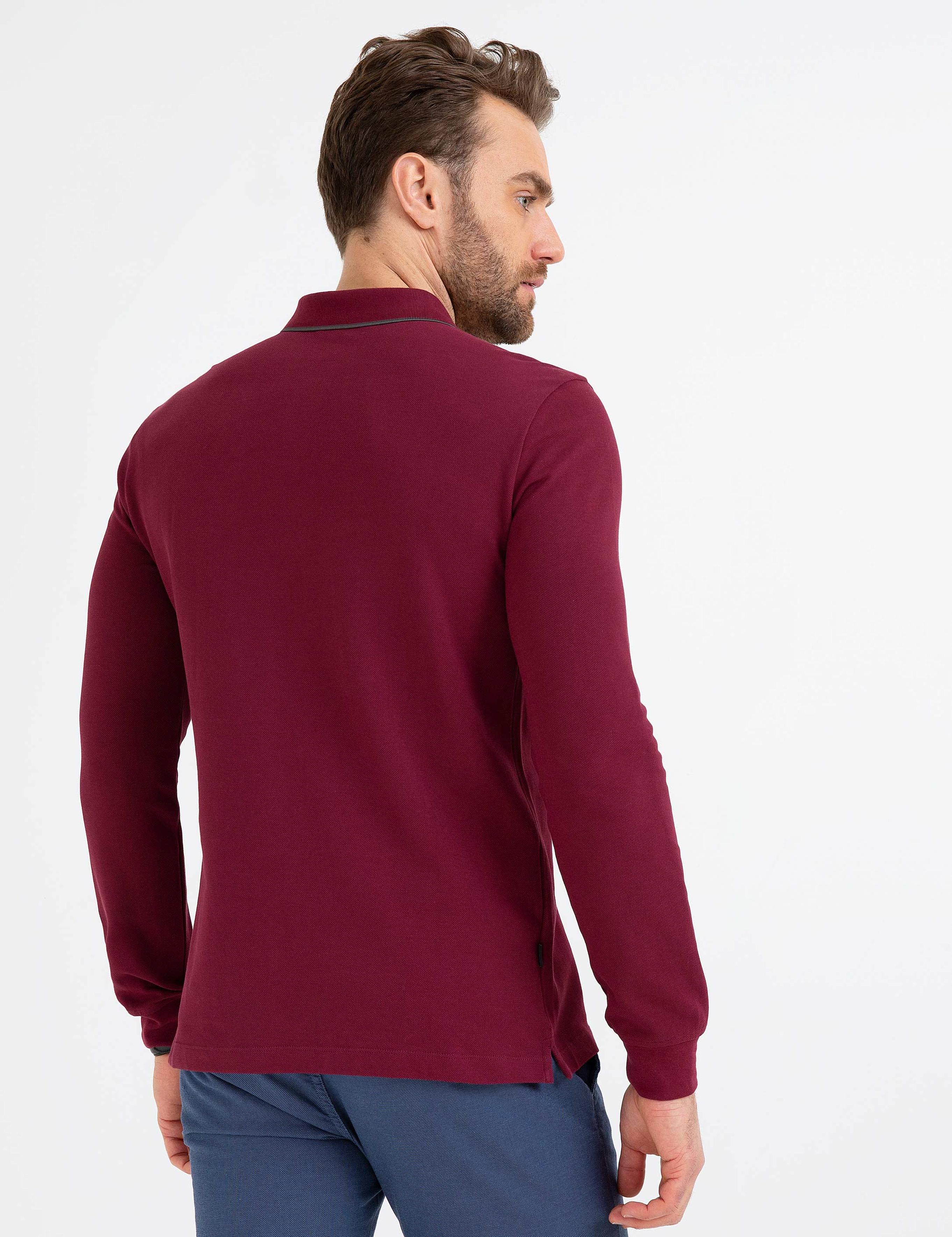 Bordo Slim Fit Polo Yaka Sweatshirt