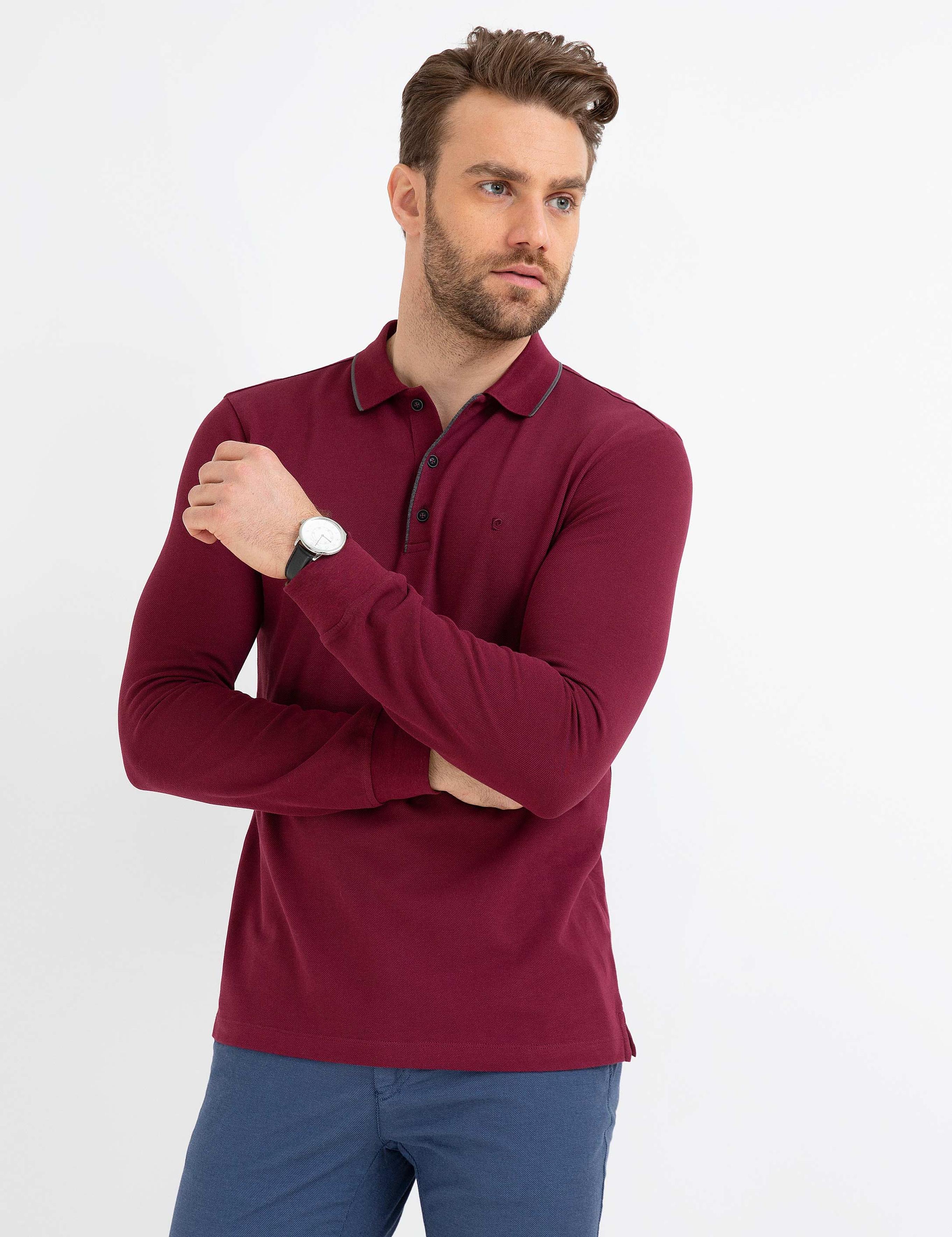 Bordo Slim Fit Polo Yaka Sweatshirt