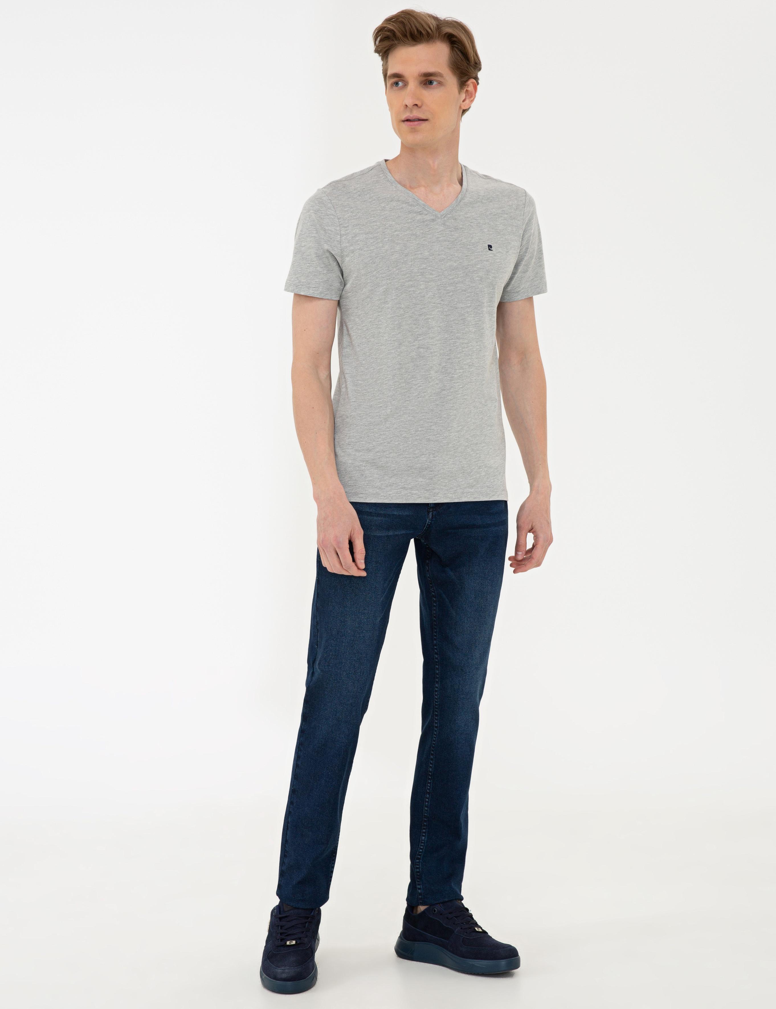 Gri Melanj Slim Fit Basic V Yaka Tişört