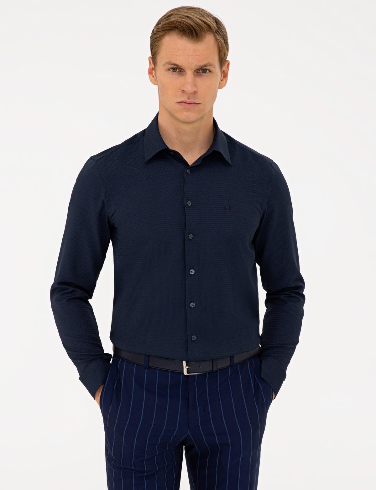 Lacivert Slim Fit Armürlü Gömlek
