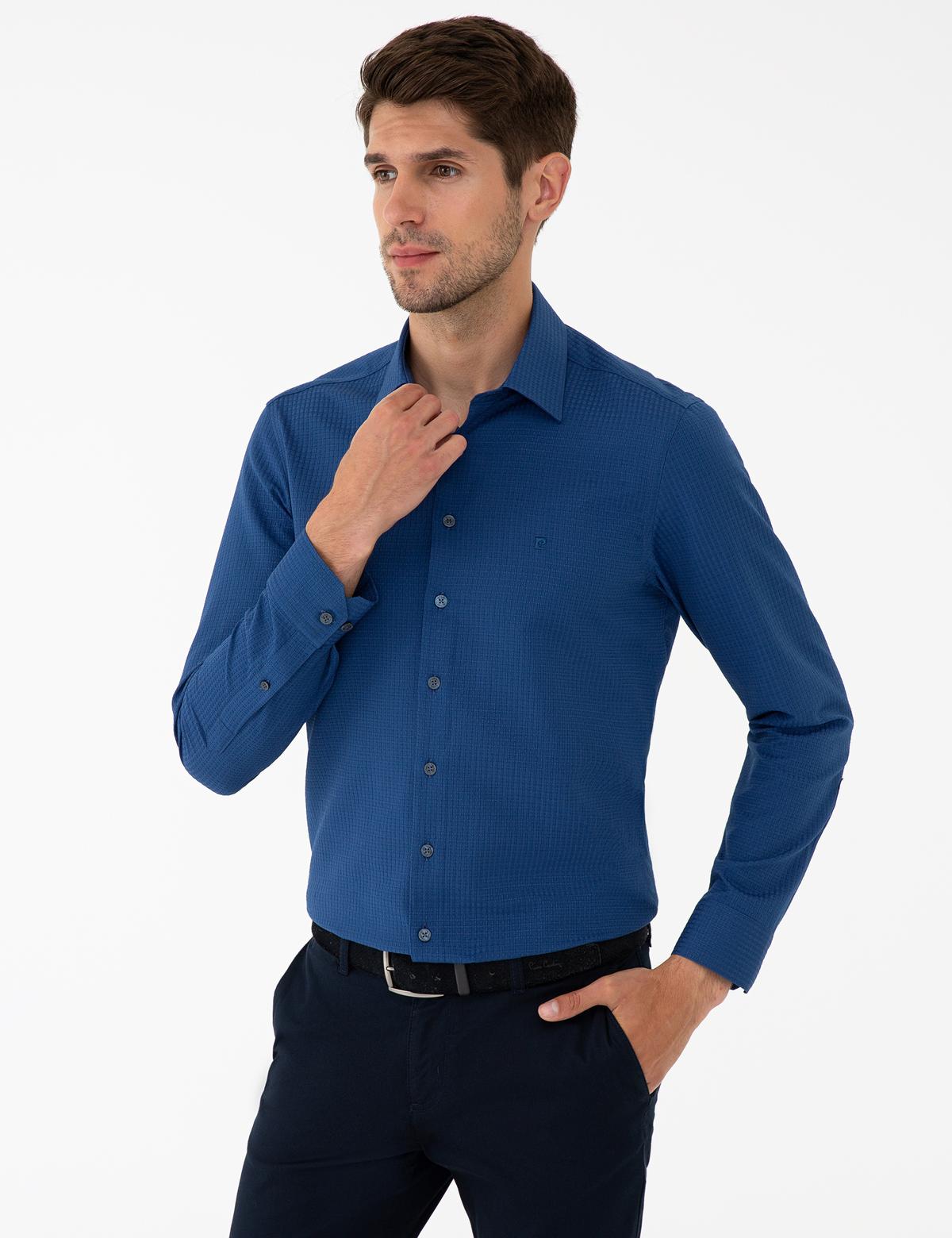 Lacivert Slim Fit Armürlü Gömlek