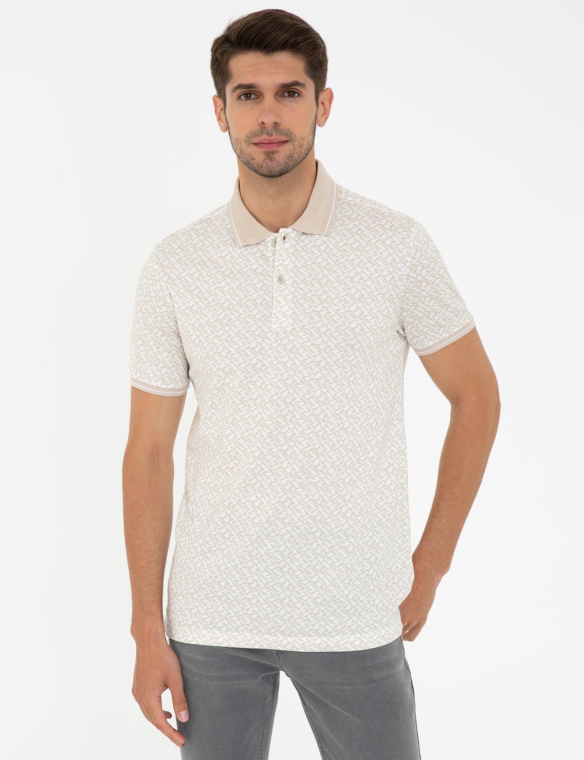 Bej Slim Fit Baskılı Polo Yaka Tişört