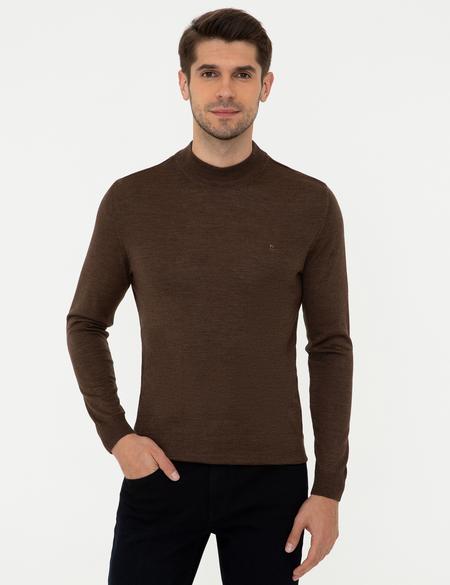 Açık Kahverengi Slim Fit Bato Yaka Yün Karışımlı Basic Triko Kazak