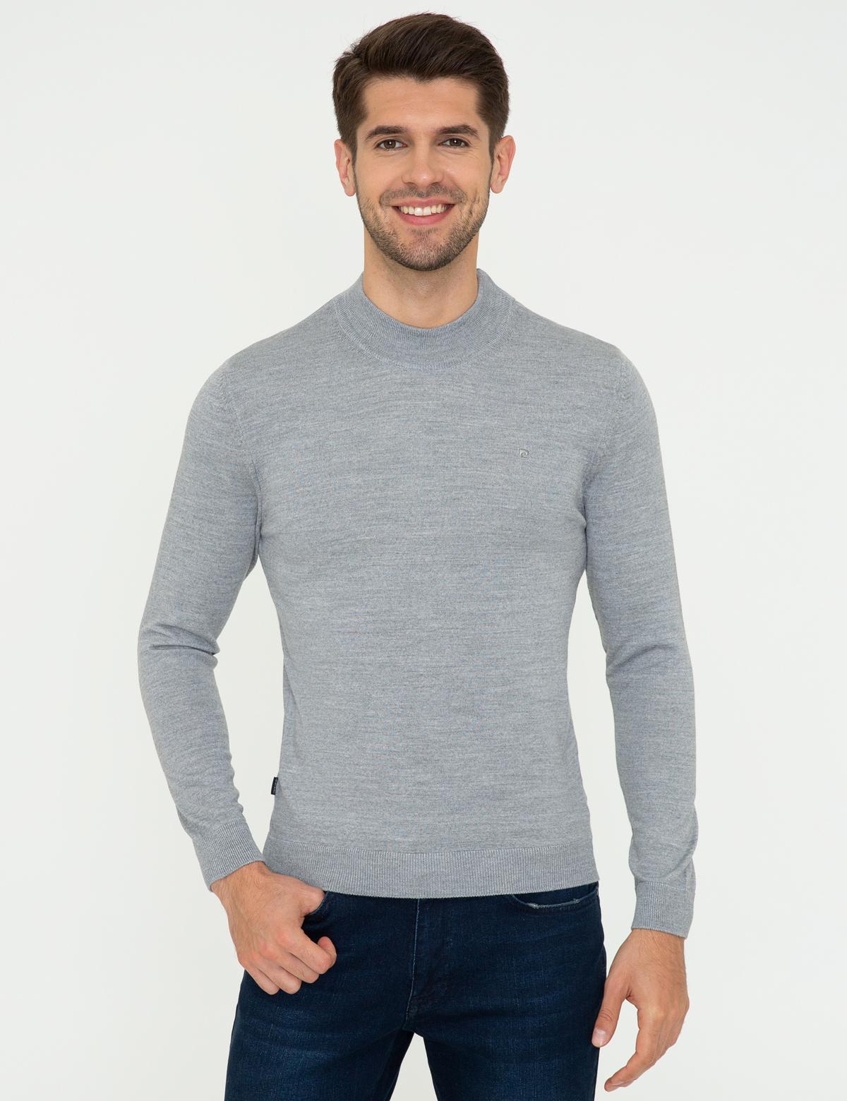 Açık Gri Melanj Slim Fit Bato Yaka Yün Karışımlı Basic Triko Kazak