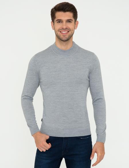 Açık Gri Melanj Slim Fit Bato Yaka Yün Karışımlı Basic Triko Kazak
